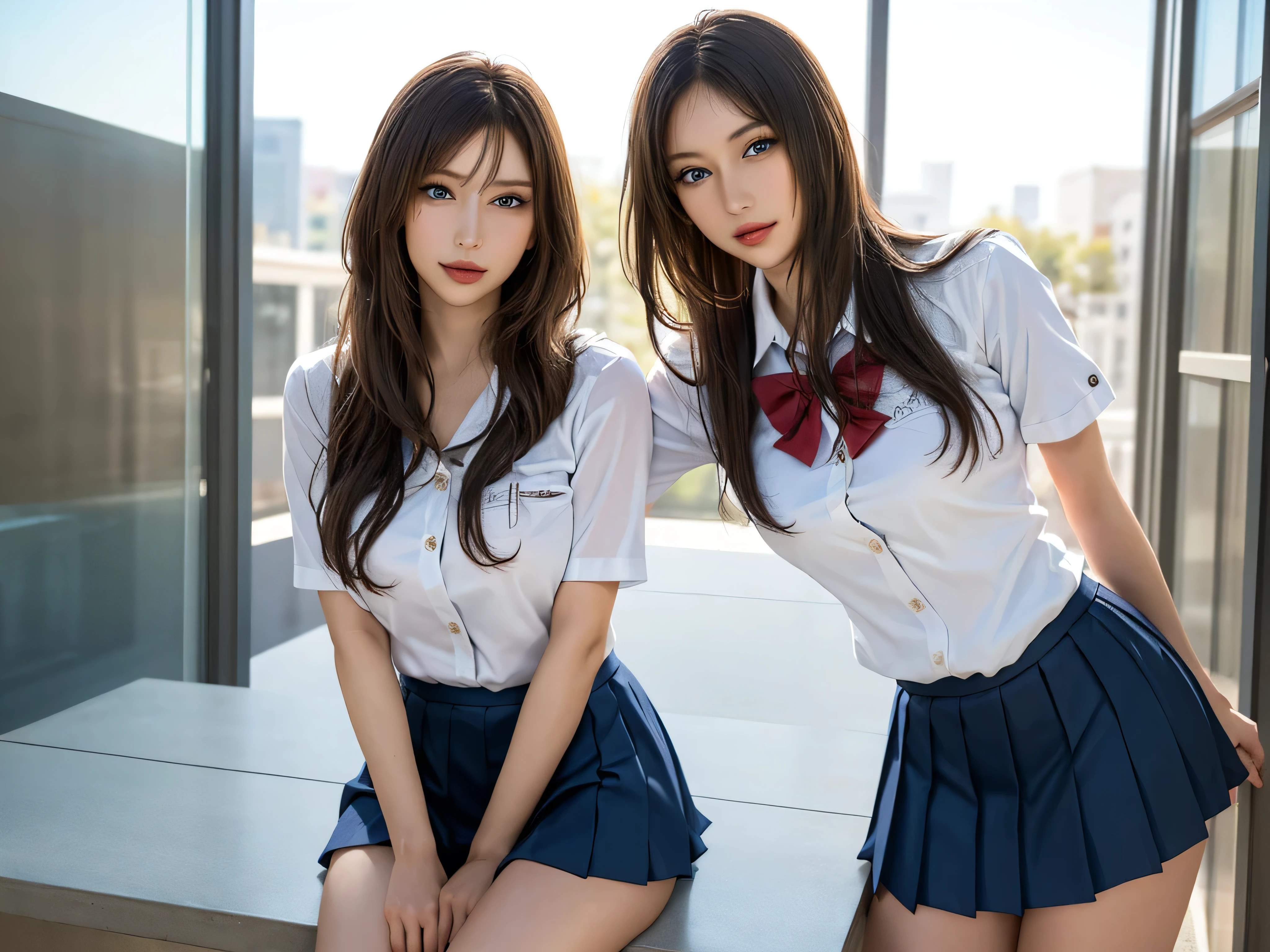 ((ung girls)), (highly detailed Beautiful face), Amazing face and eyes, (Best Quality:1.4), (Ultra-detailed), (extremely detailed CG unified 8k wallpaper), Highly detailed, High-definition raw color photos, Professional Photography, Realistic portrait, Amazing face and eyes, Pink eyes, twintails, (hi-school uniform, pleated mini skirt:1.3), (hi-school uniform with wide open breasts:1.2), (See-through sheer panties), ((Beautiful breasts)), (bare breasts:1.1), brown hair, model, Sitting, ((open your legs)), cameltoe, (((Bokeh))), depth of fields, School, classroom,