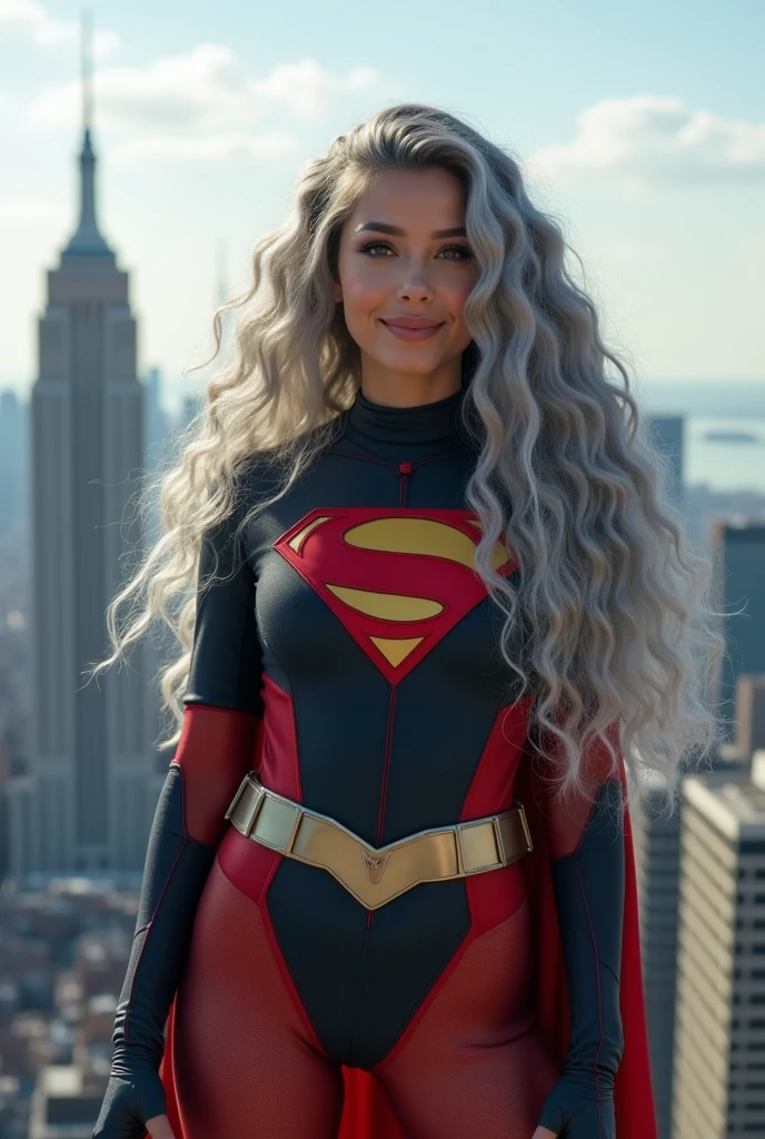 A beautiful youthful looking American version of Ariana Grande as a 50 years old woman with long her completely gray hair in a big curls styles as a retired American inspired superhero wearing her costume suit witch looks like a comic superhero suit again for a photoshoot on top of a skyscraper with a future looking big city skyline in the background she is smiling for the camera