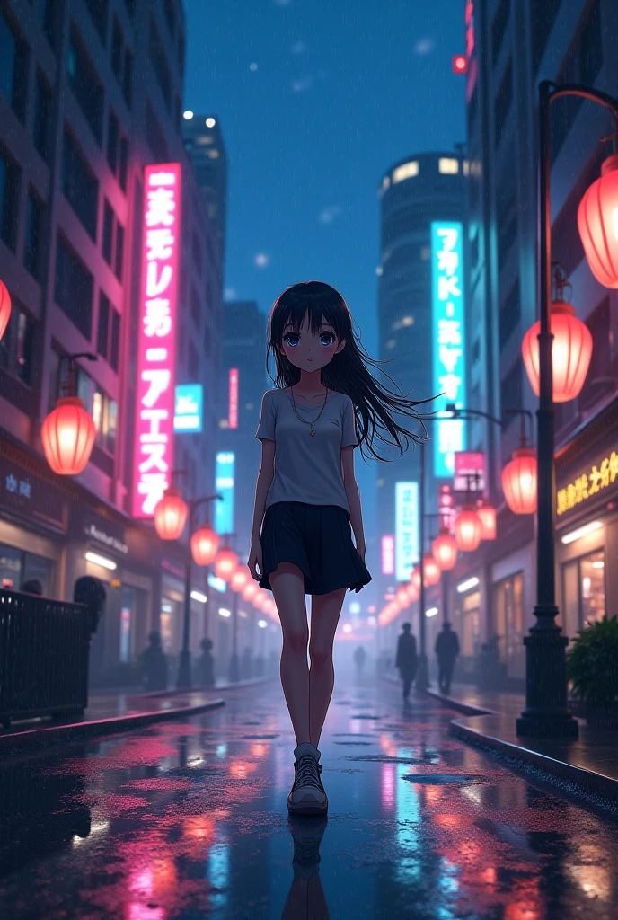 A anime girl video walking at night