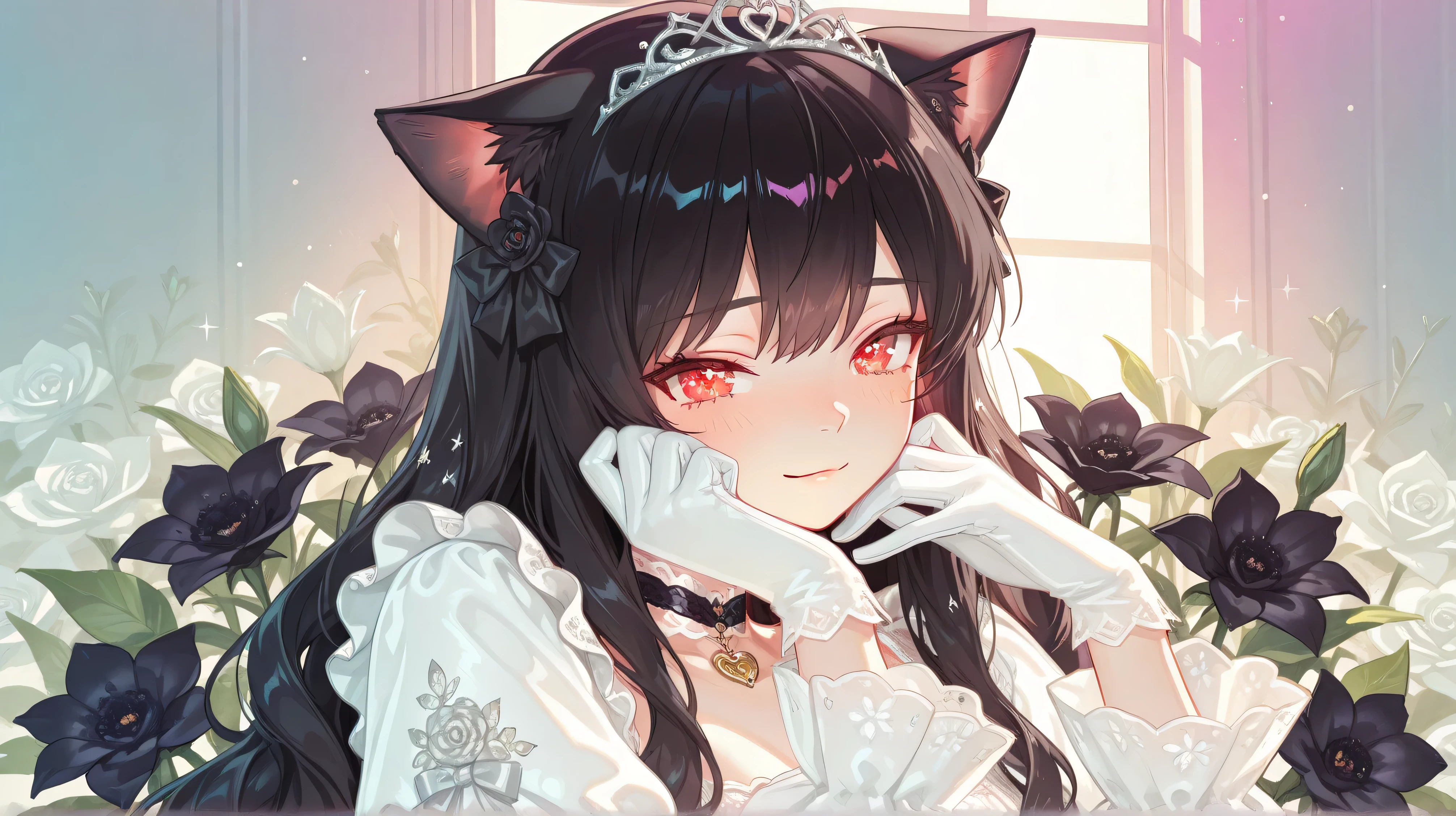 Main Keywords:
Fantasy style, floral background, romance manhwa, 1girl, cat ears, black hair, red eyes, solo, long hair, wavy hair, flower, dress, tiara, choker, white dress, frills, puffed sleeves, white gloves, black bow, black flower, silver accessories, jewelry, looking at viewer, soft lighting, cute expression, cheerful mood, gentle smile, warm and dreamy colors, highly detailed eyes, ultra-detailed shading, vibrant anime art, high quality, 4K resolution, cinematic lighting, delicate beauty, pastel color tones, glowing soft light, sparkles.

Pose & Mood:
Cute and playful, slightly tilting head, hands touching cheeks, sparkling eyes, soft blush, cheerful but slightly mysterious expression, gentle posture, dreamy and magical aura.

Outfit & Accessories:
Elegant lace dress, soft fluffy textures, subtle gold embroidery, delicate floral patterns, ribbon details, heart-shaped choker, starry embellishments, pastel frills, flowing sleeves, semi-transparent layers, magical aura effect.