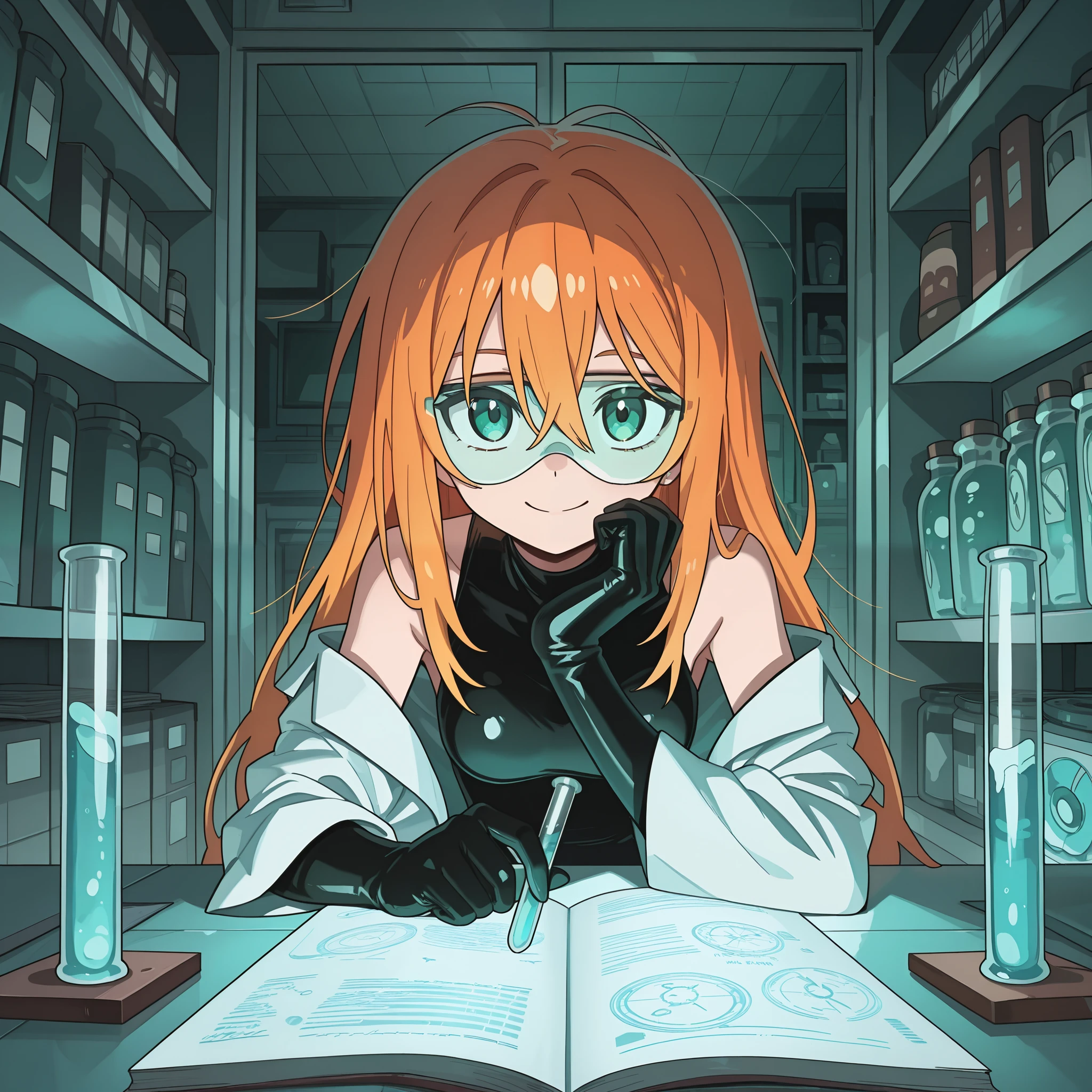 masterpiece, best quality, amazing quality, very aesthetic, high resolution, ultra-detailed, absurdres, newest, Anime screencap, highly detailed, high quality, hyper-Detailed, mistico_ILL. BREAK. A young woman with messy hair, visible dark circles, and a forced smile is alone in a well-lit laboratory, surrounded by scientific equipment and test tubes. She is conducting experiments, carefully holding a test tube while closely observing its contents. The laboratory is clean and organized, with neat worktables and scattered equipment. The clear and uniform lighting highlights the young woman's concentration and focus as she handles the test tube with precise and careful movements. Her forced smile attempts to hide her exhaustion, but her dark circles reveal her accumulated fatigue. She is dressed in a white lab coat, latex gloves, and safety glasses, demonstrating her dedication and professionalism. In the background, shelves with flasks and science books complement the environment, while the sound of functioning equipment fills the air. The young woman is leaning over the worktable, her shoulders slightly hunched, reflecting the weight of responsibility. Each movement is calculated and precise, showcasing her skill and experience. The atmosphere is serious and focused, with a sense of importance and responsibility. The uniform and clear light interacts with the equipment and the young woman, highlighting the details of the experiments and the environment. The narrative suggests a story of discovery and innovation, with the young woman overcoming challenges and achieving significant results.