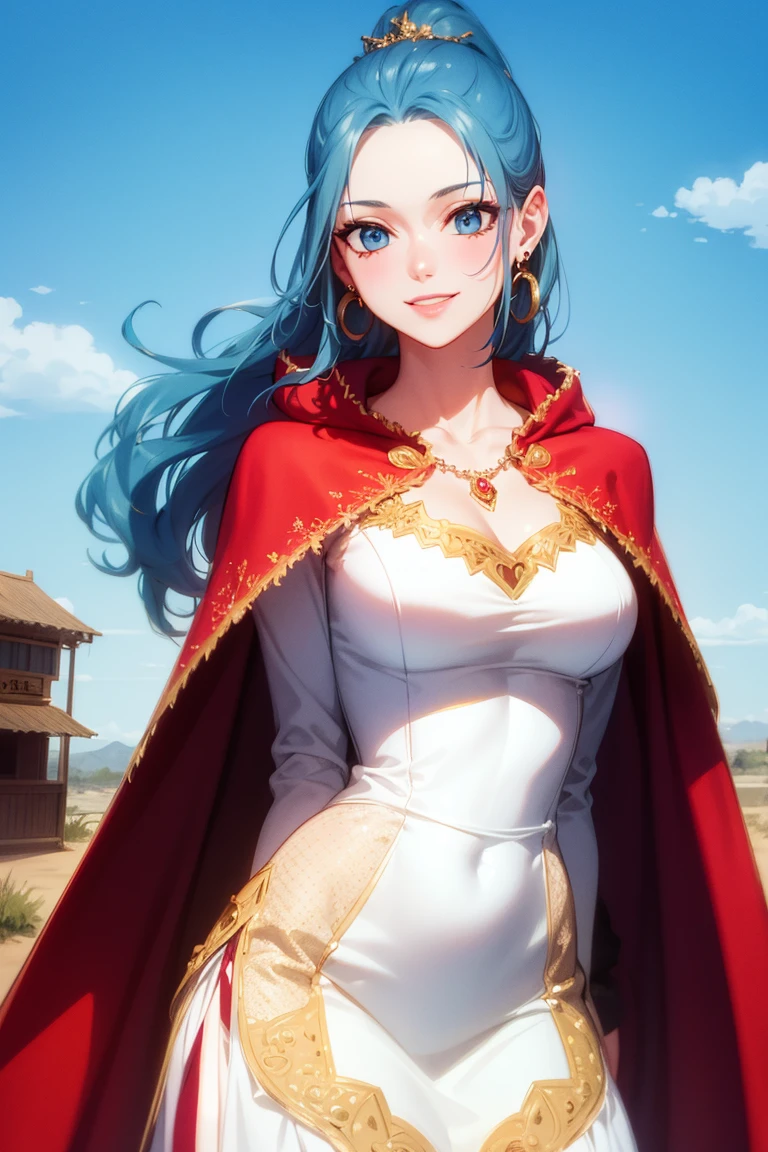masterpiece, ((ultra detailed background, delicate pattern, intricate detail)), (highly detailed, fine details), best quality, beautiful lighting, (portrait), NefertariViviV3, 1girl, long hair, blue hair, solo, jewelry, earrings, ((red cape, white dress, simple dress)), ponytail, hair ornament, necklace, sky, blue eyes, complex detailed background, outside, sunny, desert town environment, buildings, town, market, hair lift, hands behind back, smile,  <lora:NefertariViviV3Nine:0.5>