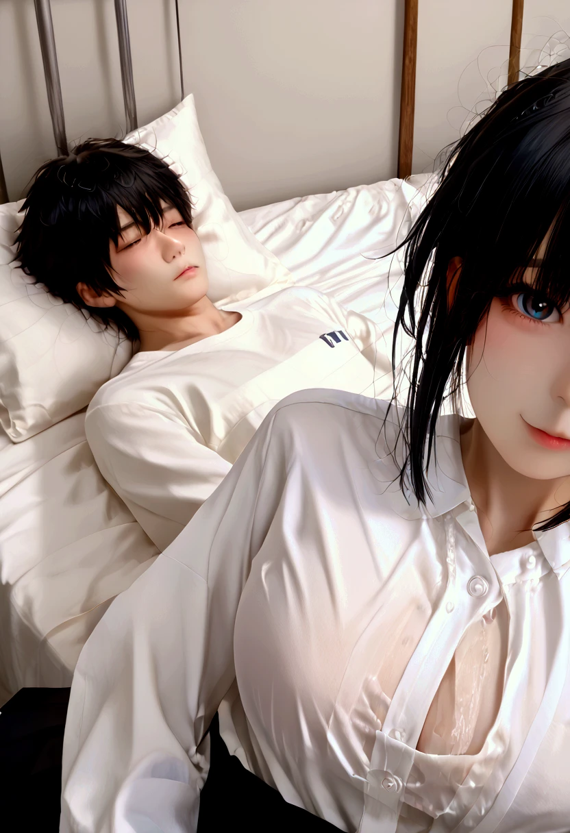 1 boy, a boy is grabbing girl’s breasts from behind,
Girl:emerald green eyes, heart shaped pupils, white hair, wet hair, blunt bangs, long twin tails, strawberry hair ornament, trimmed with lace white babydoll, wet dress, wet, on the bed, embarrassed, (((ultra detailed))), softcore, kawaii, Boy:black hair, short hair, mannish hair, ash gray eyes