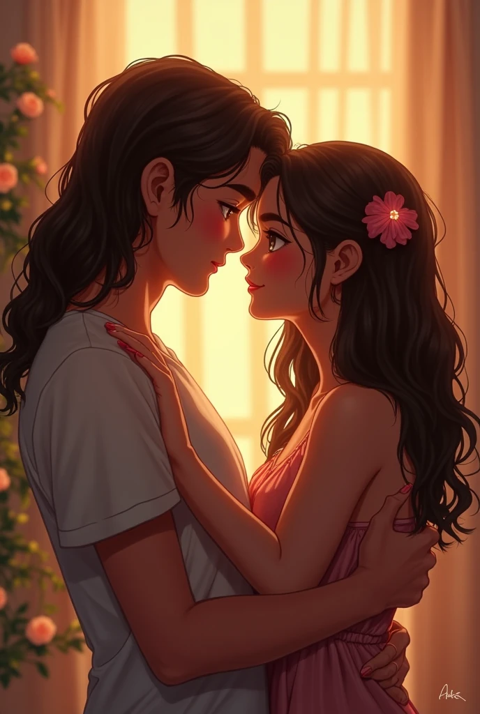 1 girl with long dark wavy hair, dark skin, dark eyes, Latino features, wearing a purple teenage dress and 1 white boy, light brown hair, brown eyes, wearing a casual dress, holding her only by the waist, looking at each other separately.