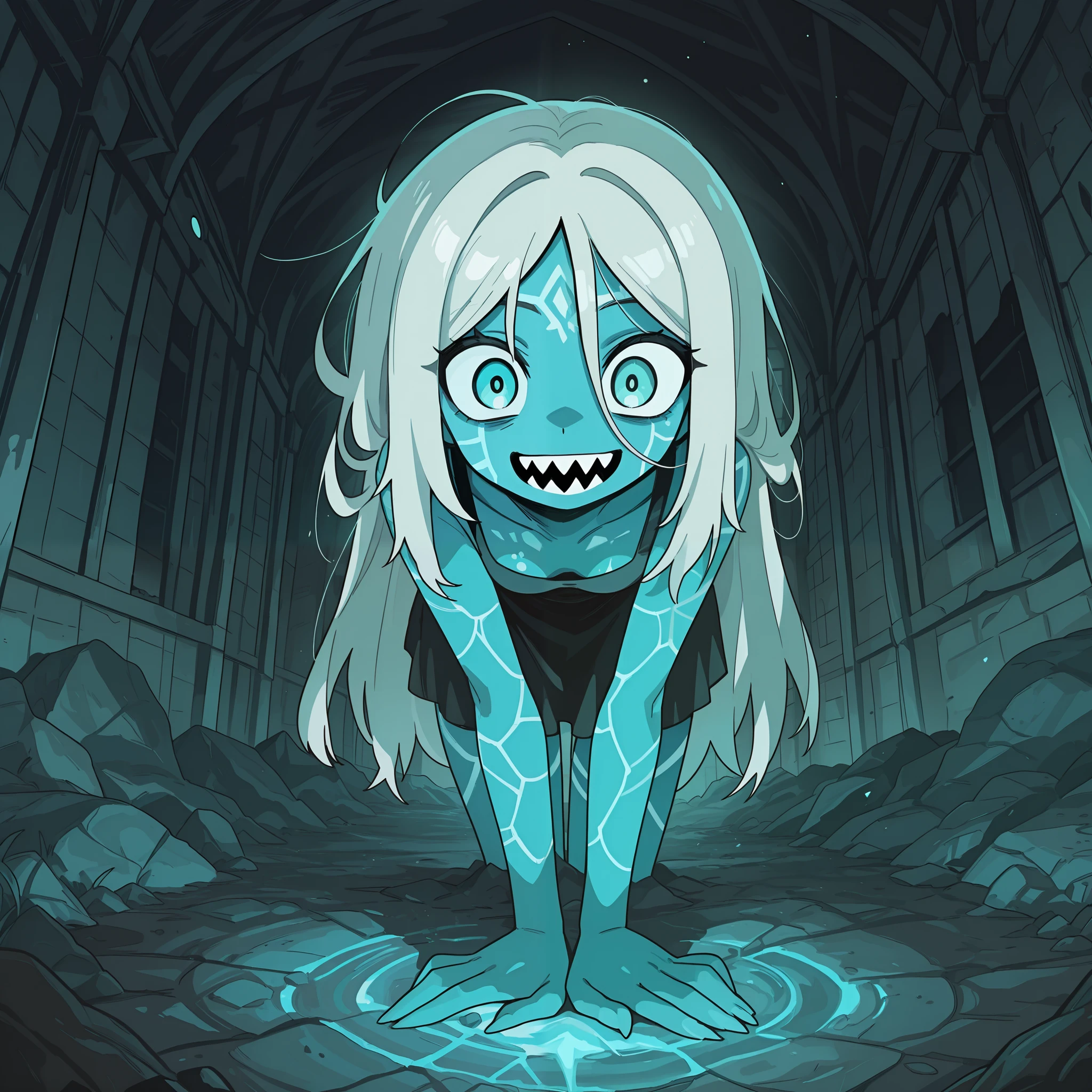 masterpiece, best quality, amazing quality, very aesthetic, high resolution, ultra-detailed, absurdres, newest, Anime screencap, highly detailed, high quality, hyper-Detailed, mistico_ILL. BREAK. A girl with cracked stone skin, sharp teeth, a wide smile and an open mouth. The scene is dark and mysterious, with low lighting, highlighting the girl's unique appearance. The girl stands with an intense expression, showing her sharp teeth in a wide, menacing smile. The low, dramatic lighting creates shadows that highlight the cracks in the girl's stone skin. The girl stands in a confident and menacing posture, with her body slightly leaning forward, ready to act at any moment. The environment is dark and indistinct, focusing all attention on the girl. The mood is cold and somber, with a sense of tension in the air. The environment is silent, with only the sound of the girl's breathing breaking the silence. The girl's cracked stone skin has a rough, rough texture, contrasting with the softness of her features. The scene takes place at night, with low, somber lighting. The predominant colors are shades of gray and black, with highlights on the girl's sharp, gleaming teeth. The girl's appearance and the somber environment suggest danger and threat. The action is intense and tense, with the girl poised to act. The scene is static, but the girl's expression suggests imminent movement. The girl's unique appearance is striking and eye-catching. The girl is confident and threatening, ready for any challenge. The girl's posture and expression suggest strength and determination. The tension is high, with the girl poised to act at any moment. The action is focused on the girl, with her expression and posture indicating readiness. The visual impact of the girl is strong, with her unique and threatening appearance.