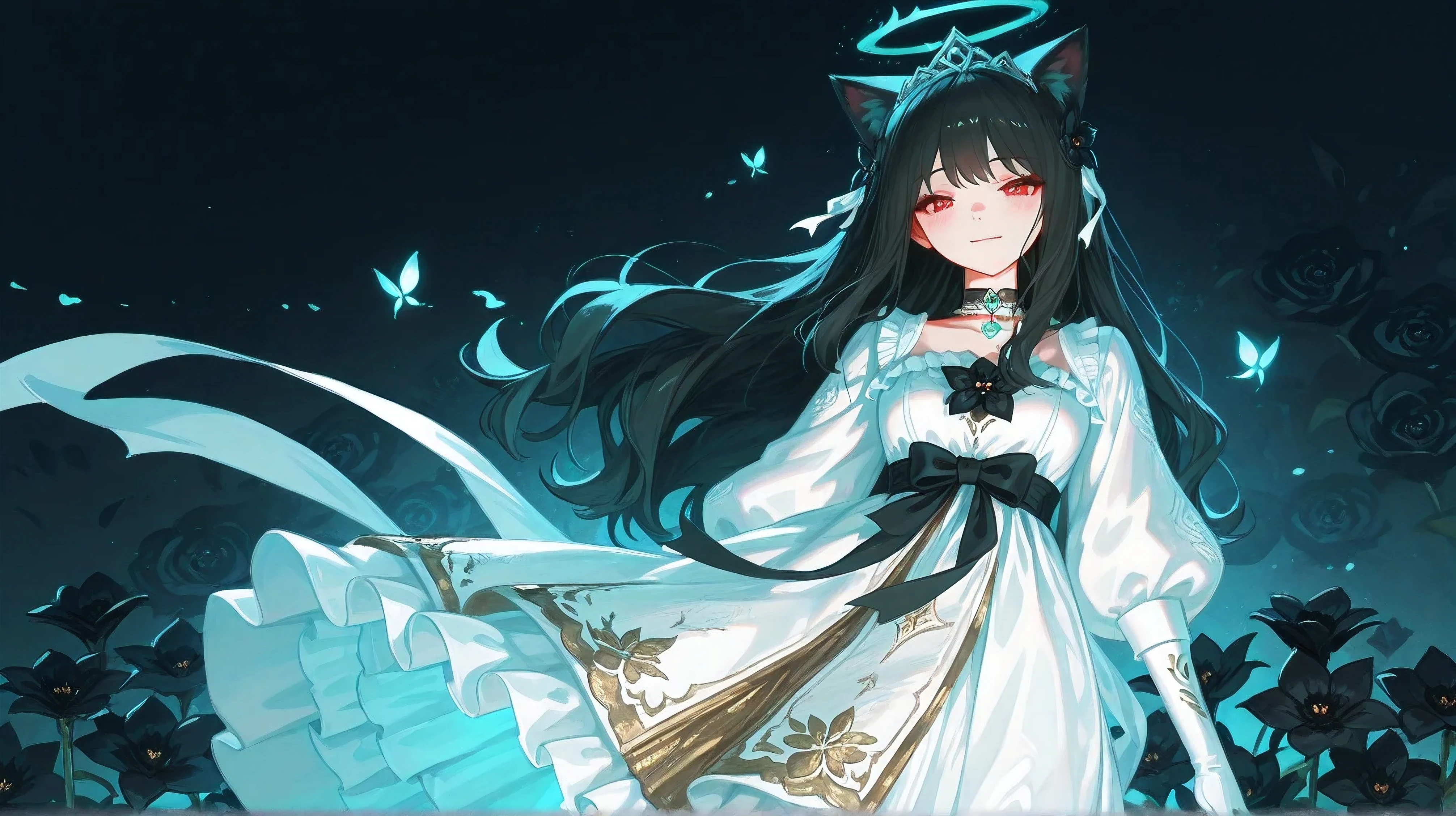 Main Keywords:
Dreamlike fantasy style, surreal floral background, ethereal romance manhwa, 1girl, cat ears, black hair, red eyes, solo, long flowing hair, wavy hair, delicate flowers surrounding, floating dress, tiara, choker, white dress, frills, puffed sleeves, white gloves, black bow, black flower, silver accessories, glowing jewelry, looking at viewer, soft glowing light, dreamy expression, soft blush, serene mood, mystical atmosphere, highly detailed eyes, ethereal and ultra-detailed shading, vibrant yet soft anime art, high quality, 4K resolution, cinematic lighting, delicate beauty, soft pastel tones, glowing mist, subtle sparkles, soft halo effect.
Pose & Mood:
Suspended in air, as if falling into a dream, gently tilting head, eyes sparkling with wonder, soft blush, tender smile, floating effortlessly, serene and calm expression, as if lost in a dream, gentle and relaxed posture, surrounded by soft light and glowing mist, magical and mysterious aura.
Outfit & Accessories:
Flowing lace dress, soft and delicate textures, shimmering with pastel hues, intricate gold embroidery, ethereal floral patterns, soft ribbon details, heart-shaped choker with a glimmer, subtle starry embellishments, soft pastel frills, translucent layers that float in the air, magical aura and mist surrounding the figure, dream-like shimmer effect.