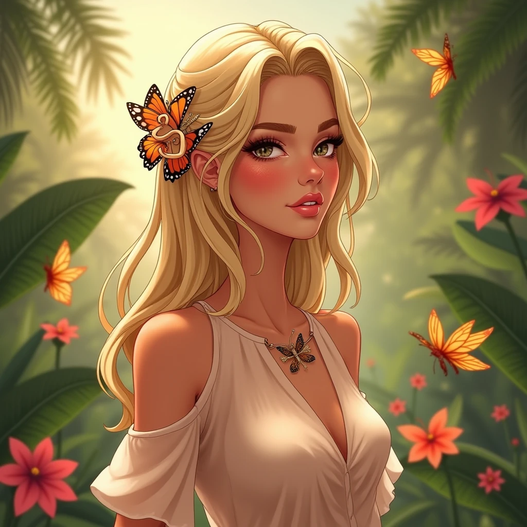 A Brazilian woman in anime with white skin, green eyes, a thin nose, long straight hair in a soft blonde shade with lighter highlights.