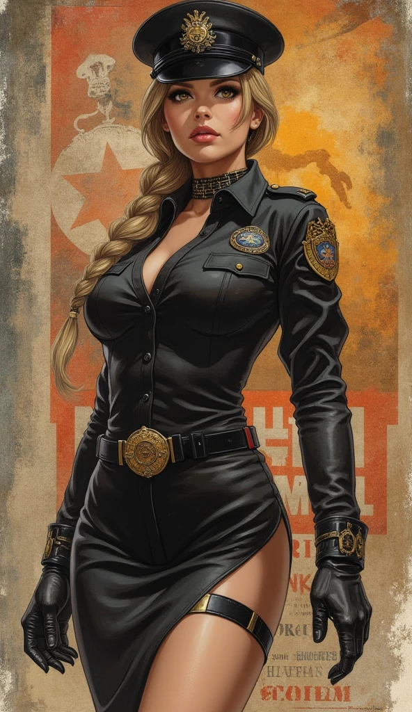 photorealistic full body portrait of stunning, sly female pilot in a hangar, old leather uniform, bomber jacket, (8k, RAW photo, best quality, masterpiece:1. 2), (realistic, photo-realistic:1. 37) ultra-detailed, beautiful detailed eyes, beautiful detailed lips, a captivating gaze, and an alluring expression. beautiful dynamic dramatic dark moody lighting, shadows, cinematic atmosphere, photograph, focal length, ((waist long, messy, wild, blonde, hair)), open jacket, breasts