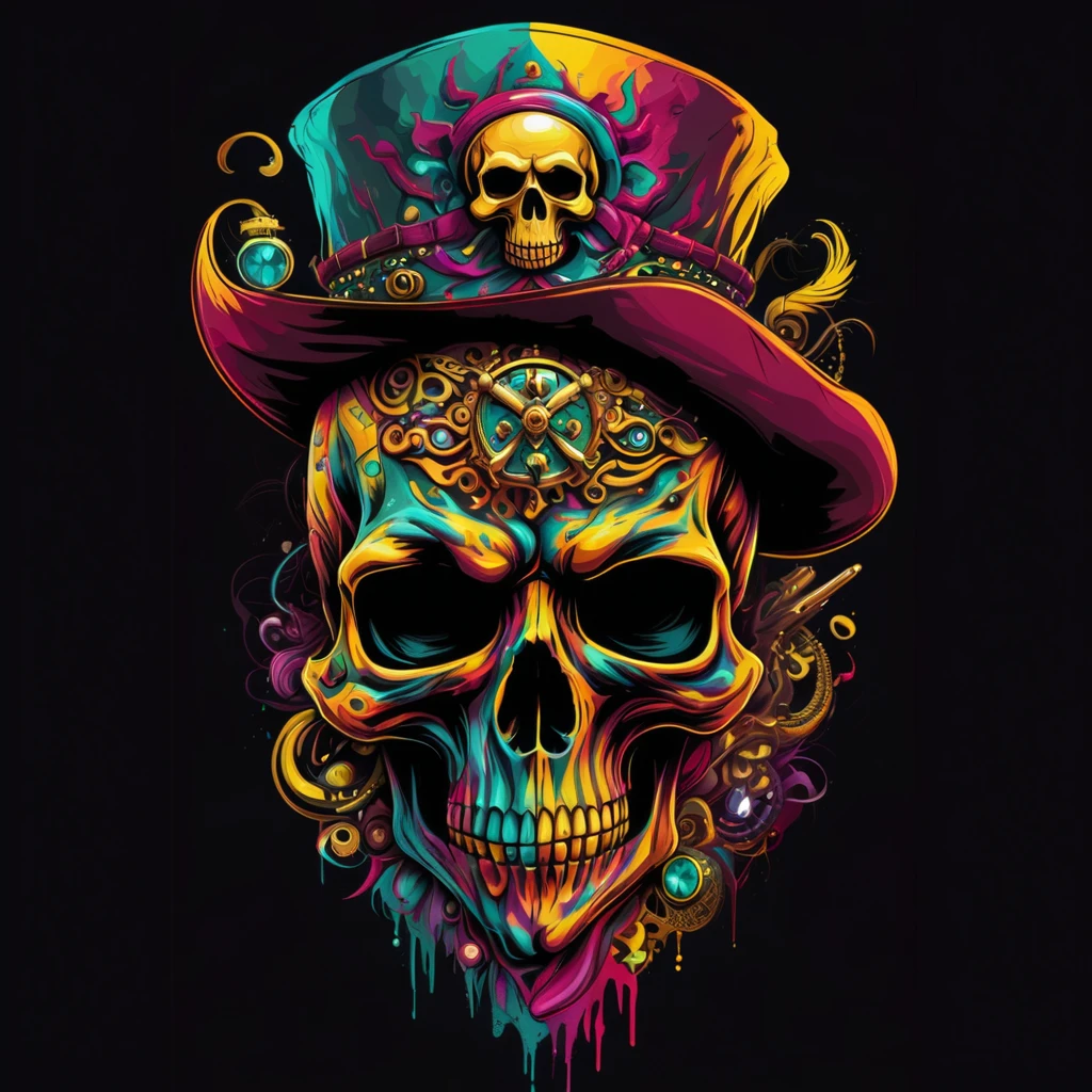 T-shirt art vector ready to print colorful graffiti illustration of masked yellow pirate skull and hat web decorated with jewels of precious rubies and emeralds and skeleton beard decorated with yellow diamonds, beautiful stone jewelry teeth, frontal perspective, action photo, vibrant color and welding, high détail, White background,Remove background image