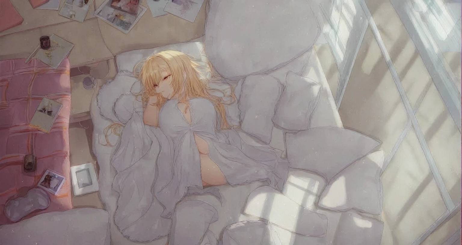 (masterpiece:1.2, best quality), (highly detailed:1.3), girl, teen, shoulders exposed, hospital room, surgical gown, asleep, fully body, sweating, bandages, long legs