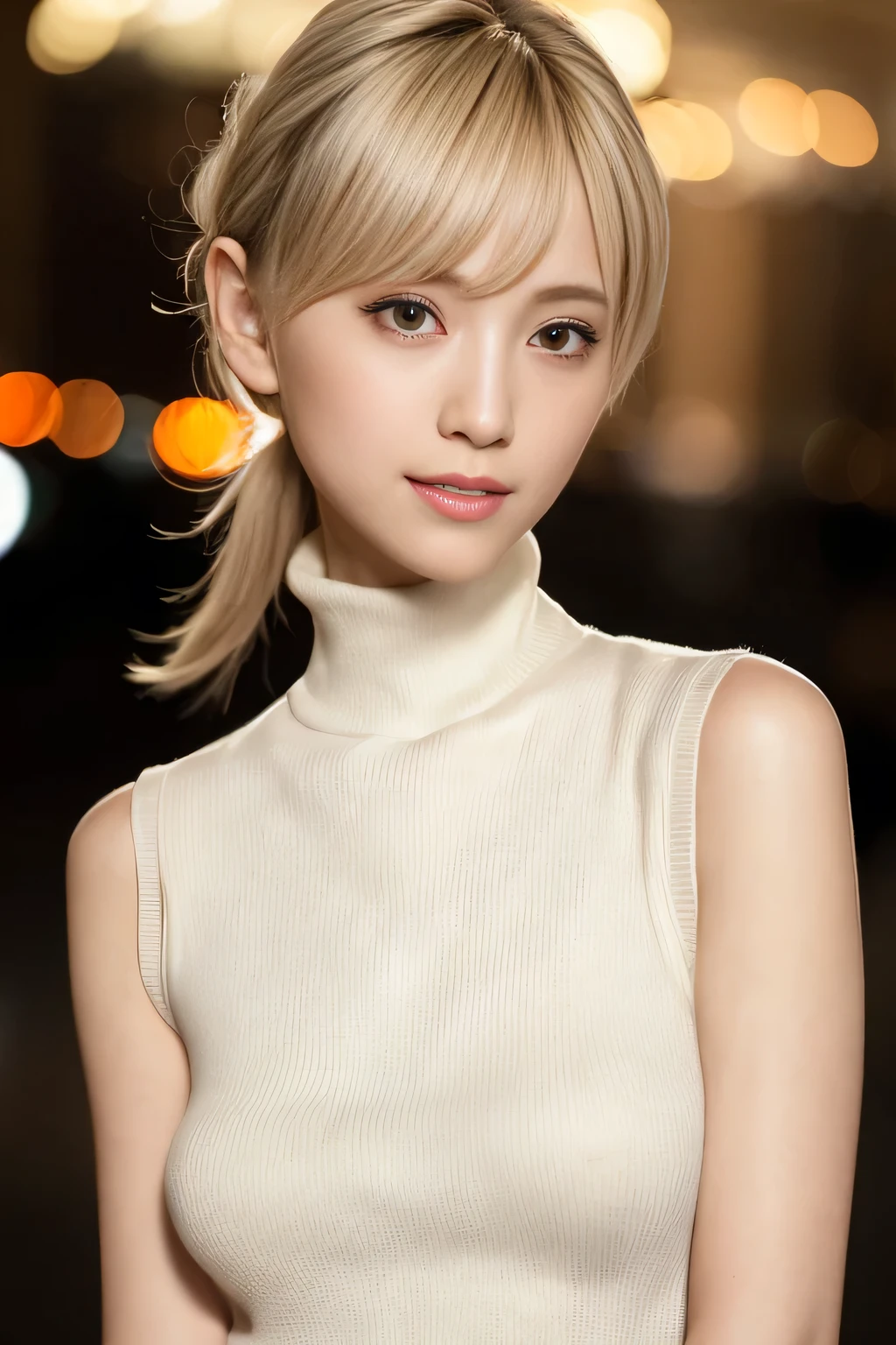1 girl,japanese,whole body,(Wearing a sleeveless turtleneck sweater:1.4),(RAW photo, highest quality), (realistic, photo-realistic:1.4), masterpiece, very delicate and beautiful, very detailed, 2k wallpaper, wonderful, finely, very detailed CG unity 8k wallpaper, Super detailed, High resolution, soft light, beautiful detailed girl, very detailed eyes and face, beautifully detailed nose, beautiful and detailed eyes,cinematic lighting,city light at night,perfect anatomy,slender body,close,(smile),blonde hair