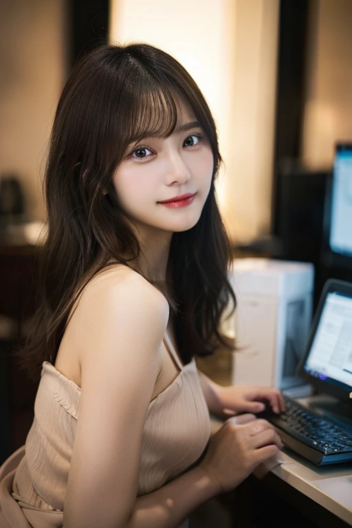 (8K, RAW photo, highest quality, masterpiece: 1.2), 超詳New, super resolution, (genuine, genuine photos: 1.37), portrait, High resolution RAW color photos, professional photos, 非常に詳New and beautiful, 非常に詳New, 8K wallpapers, amazing details, huge file size, official art, highly detailed CG Unity 8K wallpapers, 非常に詳New beautiful girls, 非常に詳New faces 非常に詳New eyes,thin eyebrows、single eyelid、 very fine skin, very fine fingers, very small nose, highly detailed mouth, perfect anatomy,office、sitting on a chair in front of a computer、綺麗な肌のsmooth thighs、Operating a computer、Outside the window is the seaside、 highly detailed background, very fine clothes, one girl, (18:1.2), Ten generations, cute girl, famous japanese idol,Asuka Saito、 cute, realistic body, , white skin, glowing skin, Thick、Chubby、glamorous, black hair, Thin and straight berry long hair, (dull bangs:1.2), smile, cute, like々New , cute顔,calm expression、 small mouth、thin lips、genuineistic face, delicate eyes, sale eyes,Pearl piercing、Wide open chest、Pearl necklace on the chest、Light purple cotton jersey dress、sleeveless、thin shoulder strap、chest is wide open、deep cleavage、chest is drooping、No bra、Big breasts are heaving、Big breasts are about to spill out、お腹もChubby、photo from the waist up、firm buttocks、smooth thighs、light purple dress、The tip of the chest is light brown、Photographed from 45 degrees in front、keyboard and computer monitor