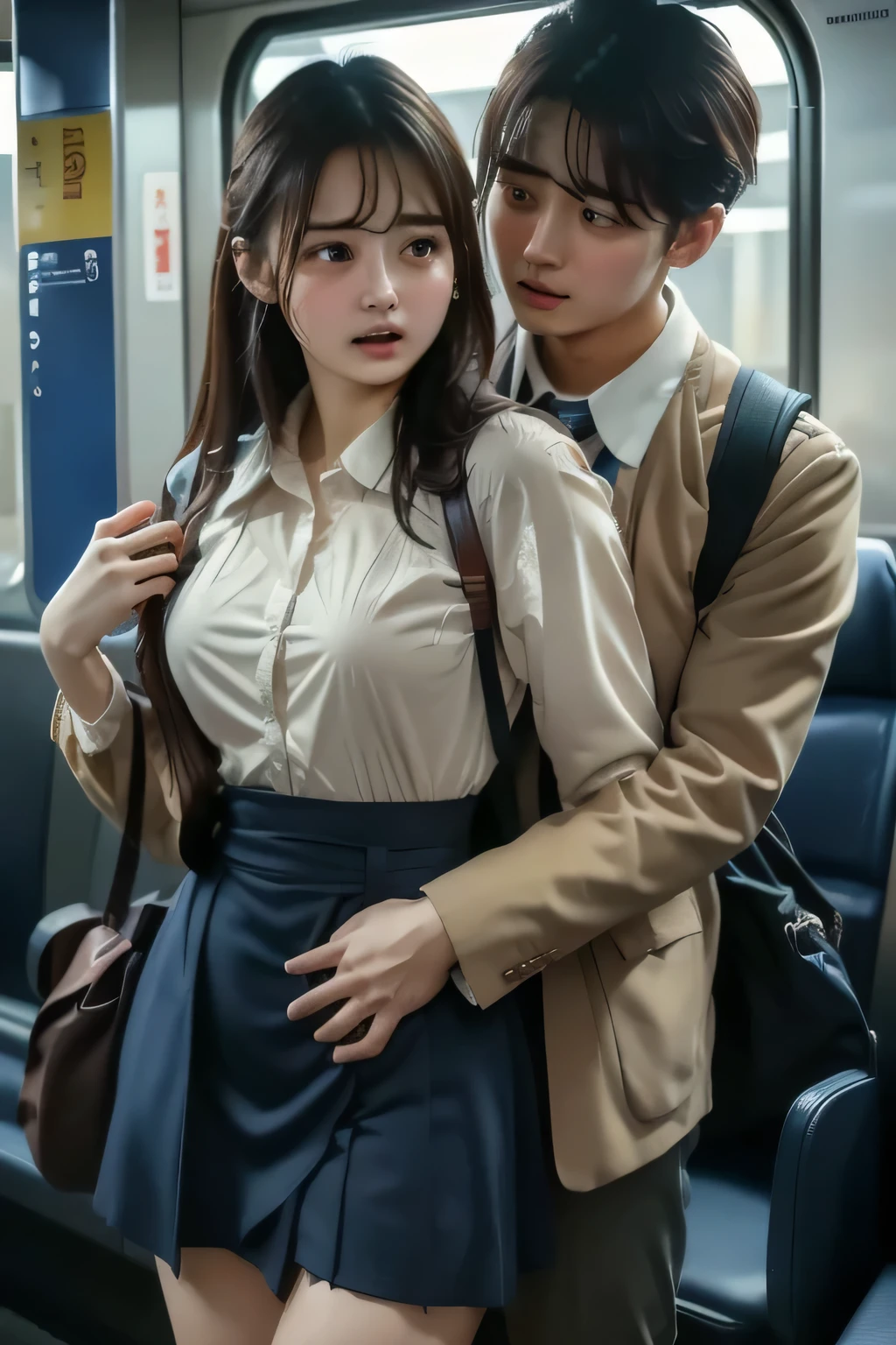 ( TOP QUALITY, Masterpiece), More Details, high image quality , 8k wallpaper, perfect dynamic composition 、 beauty、 beautiful eyes、 evenly arranged eyes 、 waist up、A man hugs her from the front、 Female student holding her waist 、 opened leg、 clothes are torn、cry、 on the train、Sexual abuser、