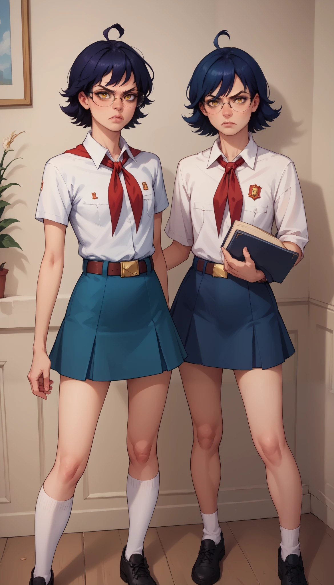 score_9, score_8_up, score_7_up, score_6_up, 8k, high detailed picture, realistic style, masterpiece, very young girl, no panty, perfect absolutely small breasts, disheveled hair, mz, ahoge, short hair, blue hair, yellow eyes, glasses, big brightness eyes, 16k, angry, masterpiece, realistic style, perfect fingers, tomboy, flat chest, circle-glasses, White collared shirt, red neckerchief, blue skirt, belt, white socks, black shoes, AniPnyXLQual, holds a book in her right hand