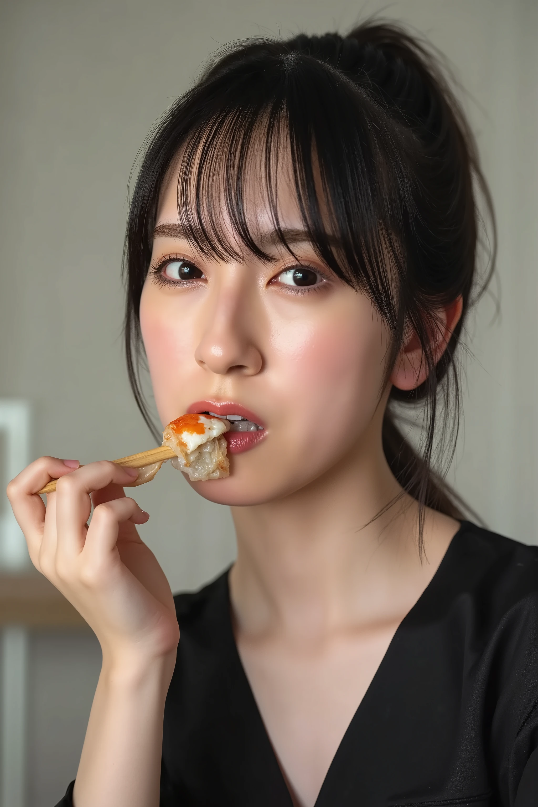 A high resolution photograph of a Japanese young woman in dress, photo-realistic, Intricate details, 8k, solo, 1girl, eating a sushi in hand, drooling, salvia, pale skin, fine-textured skin, detailed face, perfect hand, detailed hand, detailed fingers, indoors,