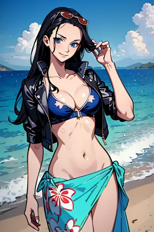 1girl (Masterpiece: 1.2) (Details: 1.2) (Best Quality: 1.1) (Shiny hair) (Shiny skin), Nico Robin V2, Cinematic lighting, (Wet skin, Sea: 1.2), Bikini, Sea, (Beach) , Palm trees), Beach, Clear Water, (Blue Sky, Cumulonimbus),(Island),(Hibiscus),Smiles, Sunglasses, Reading Book, Blue Eyes, One Piece, Nico Robin, Side, bikini skirt, girl fence 20 years old