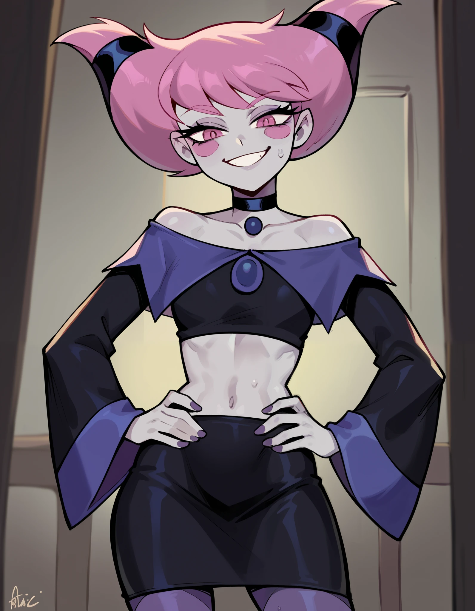<lora:JinxTT:0.7>,Jinx,purple capelet,black dress,choker,striped thighhighs,abstract background,panties, cameltoe,