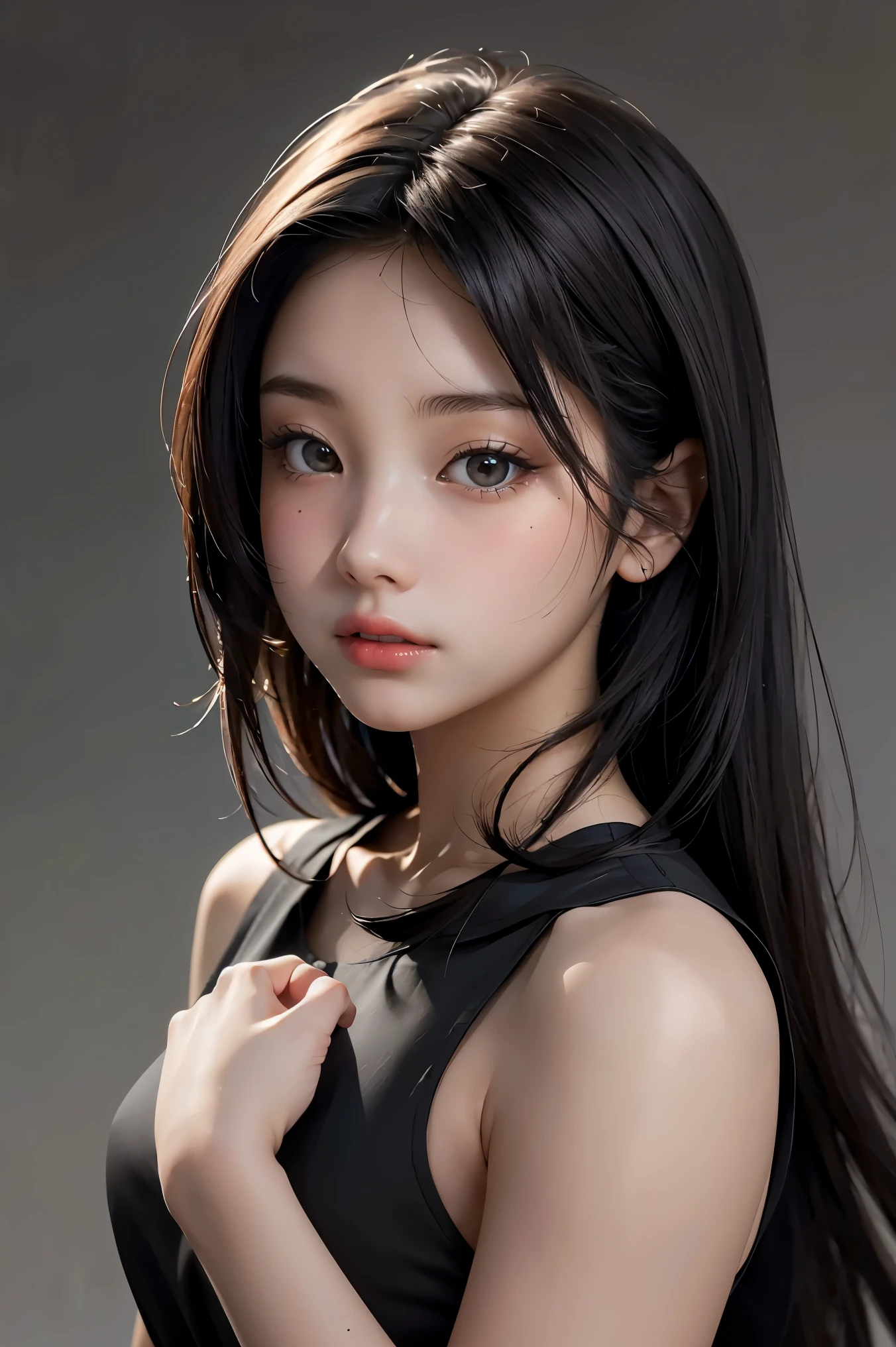 Best quality, masterpiece, ultra high res, (photorealistic:1.4), raw photo,1girl, solo, realistic, looking at viewer, upper body,simple gray background, black dress,