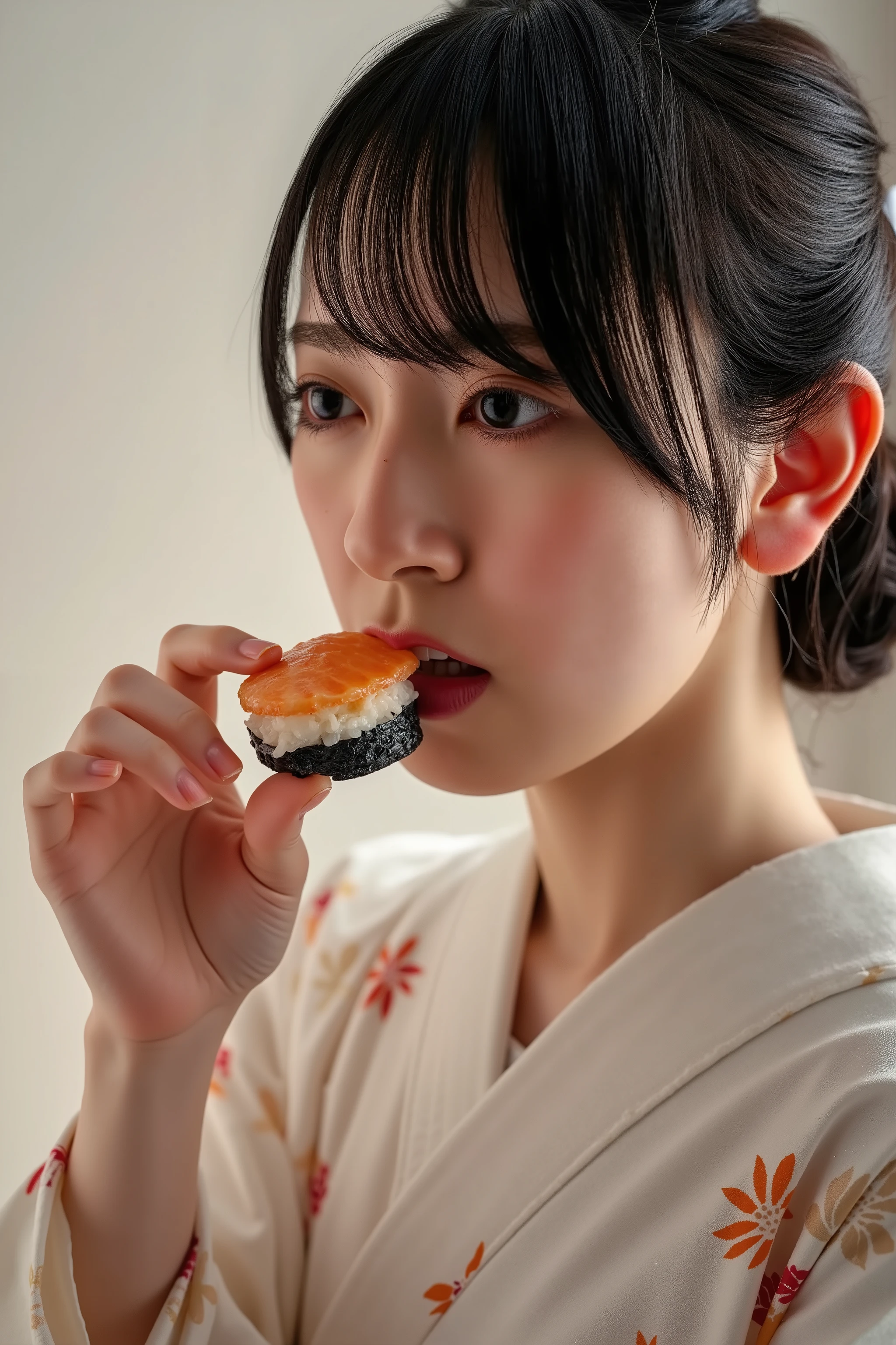 A high resolution photograph of a Japanese young woman in dress, eat a sushi in hand, drooling, salvia, photo-realistic, Intricate details, 8k,