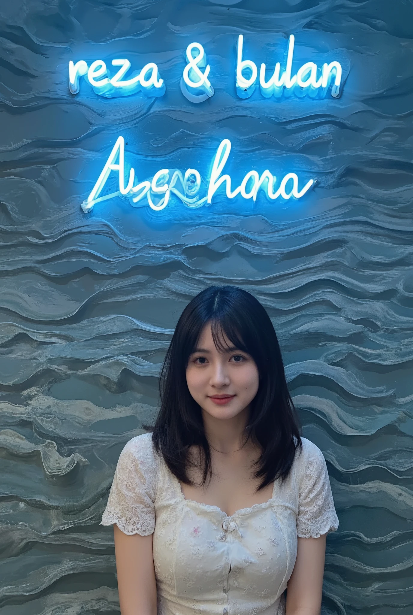 amateur shot, above her creative text big neon blue light read "reza & bulan room" , againts a wave paterned wall , without make up, slight smile with slight open mouth, she has long black hair with bangs, wearing sexy white ocean nightgown, natural face , pale skin, sea themed clothes
