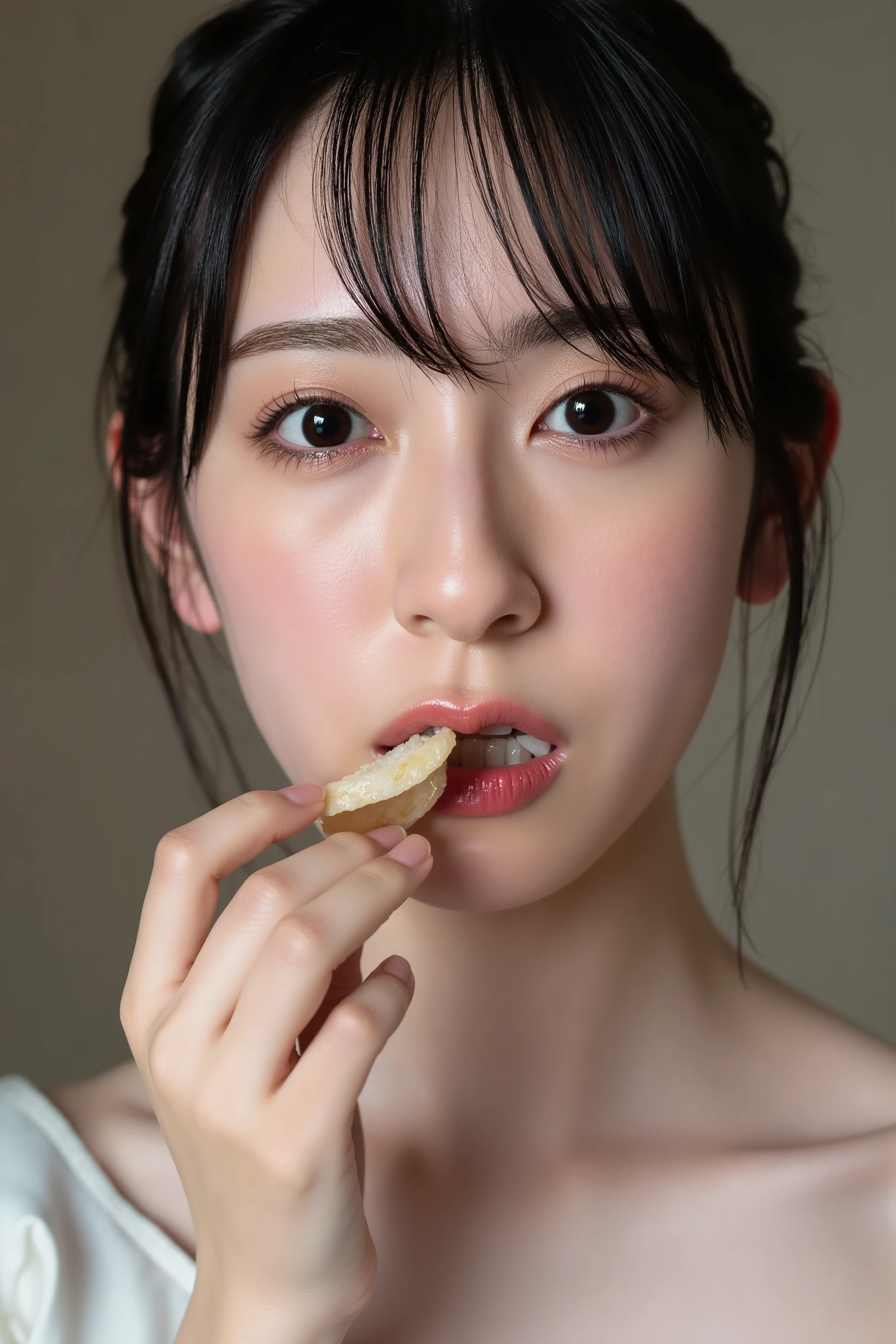 (((Ultra-high resolution、Close-up)))、Long, straight black hair frames her face、So that every single hair is clearly visible、Depicts subtle color changes depending on the amount of light hitting the subject、The skin is white and smooth、Has a natural glow、Fine skin texture、Representing the fine details of pores、amountや頬に薄い赤みがある部分を詳細に、The eyes are almond-shaped and dark brown.、Fine details of the iris、Depicts color gradations and patterns、Long, natural-looking eyelashes, each and every one visible、Well-groomed eyebrows、indivual々The hair is clearly visible、Light reflects off into the eyes、Create small highlights、noseは繊細で、nose孔の細かいディテールがある、Lips are plump and naturally pink、Depicts the fine lines and soft curves of the lips、Shiny、Accentuate the shape、Detailed depiction of lip texture、Particular attention to the depiction of light and shadow、Soft natural light gently illuminates the face from the front、amount、nose、Creates a subtle glow on the cheeks、Shadows are cast softly along the contours of the face、cheekbone、Jaw Curve、noseの側面を強調、The gloss of her lips reflects the light faintly.、Emphasizes plump texture、The shadow of the hair adds depth and dimension.、indivual々The hair shines in the light、The background is simple and blurred.、Focus on the face、In the highest quality、Representing the utmost detail
