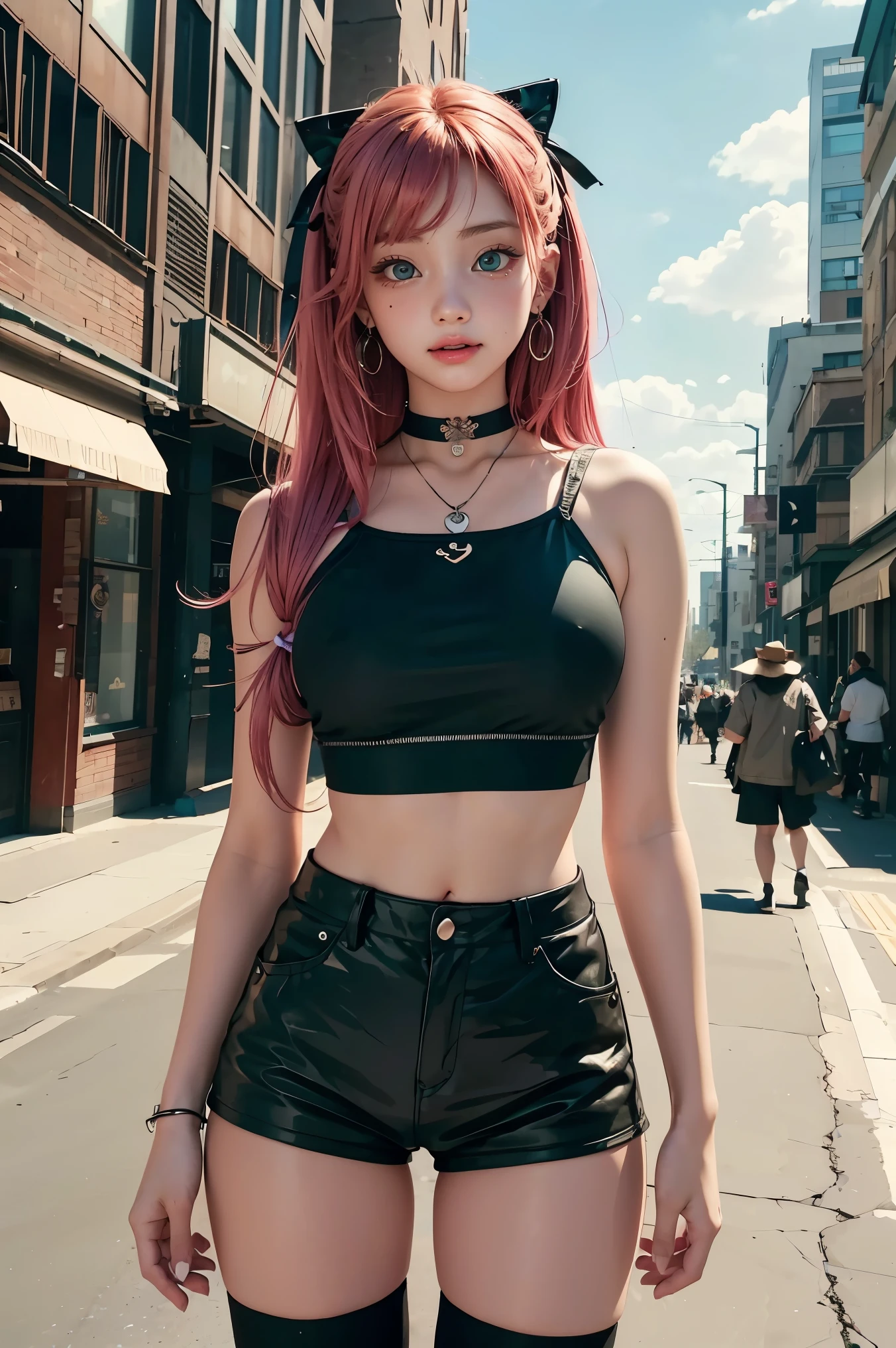 nicoledemara, nicole demara, (green eyes:1.5), pink hair, hair ornament, hair ribbon, hairclip, long hair, mole, mole on breast, mole on thigh, mole under eye, two side up, ribbon, smirk, smile, open mouth,
BREAK black footwear, black ribbon, black shorts, black socks, black thighhighs, boots, cleavage, crop top, earrings, jewelry, kneehighs, nail polish, necklace, o-ring, short shorts, shorts, single kneehigh, single sock, single thighhigh, socks, thigh strap, thighhighs, torn clothes, two side up,
BREAK outdoors, city, sky, clouds, sun, buildings, crowd, people, alley,
BREAK looking at viewer, (cowboy shot:1.5),
BREAK (masterpiece:1.2), best quality, high resolution, unity 8k wallpaper, (illustration:0.8), (beautiful detailed eyes:1.6), extremely detailed face, perfect lighting, extremely detailed CG, (perfect hands, perfect anatomy),