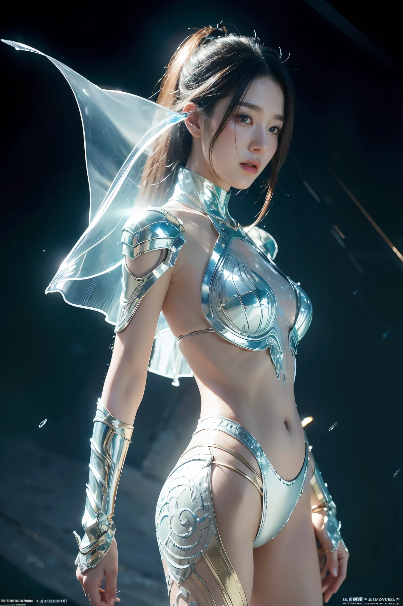 Goddess of wisdom and war、He has a big cool mechanical spear.、Long ponytail、She wears white armor over a flashy white skin-tight dress..、Foot armor