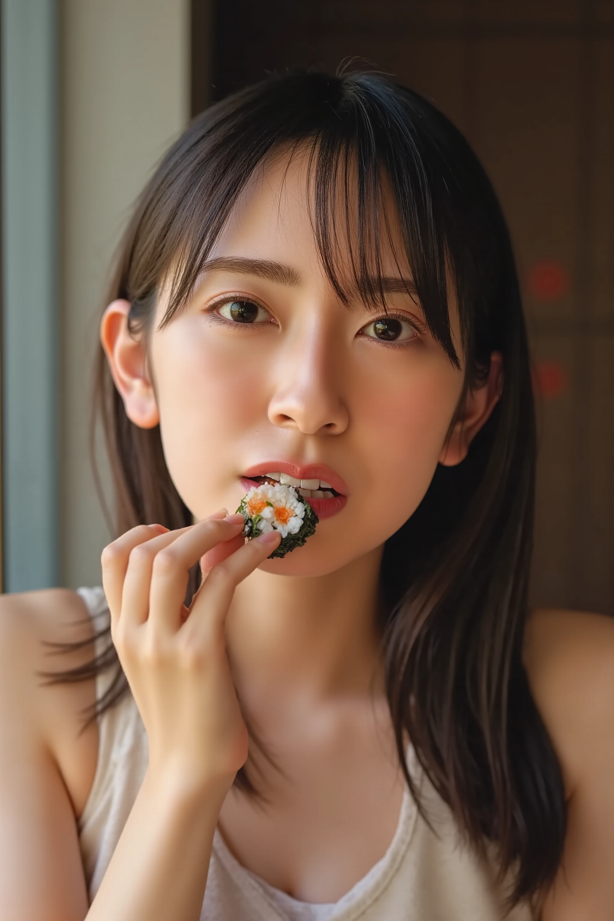 A high resolution photograph of a Japanese young woman in dress, photo-realistic, Intricate details, 8k, solo, 1girl, eating a ehoumaki in hand, ehoumaki in mouth, drooling, salvia, pale skin, fine-textured skin, detailed face, perfect hand, detailed hand, detailed fingers, indoors,