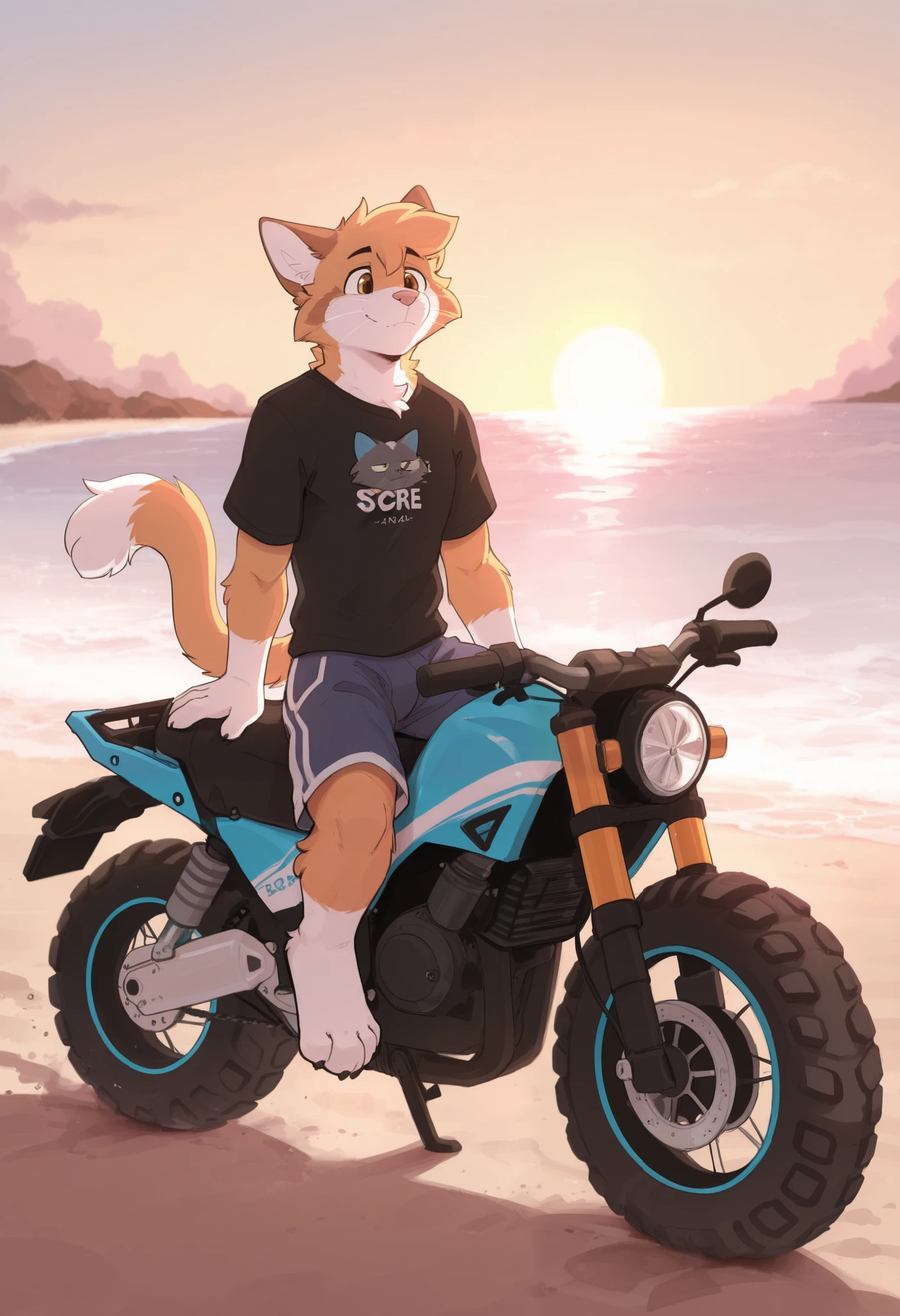 best quality, amazing quality, very aesthetic, absurdres, newest, by pache riggs, male focus, 1boy, solo, BREAK
score_9, furry, anthro, cat, chonky, t-shirt, shorts, sitting on a motorcycle dirtbike, in a beach, microscopic angle