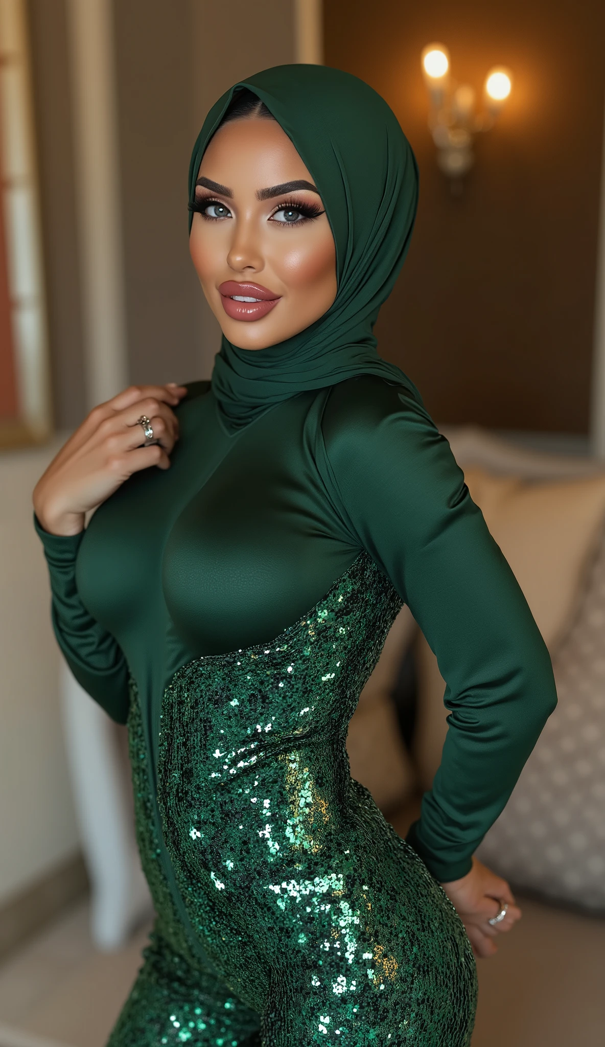 (Ultra-realistic), (high resolution), ((((upperbody view)))), one beautiful Arab woman, beautiful face, instgram model, alluring beauty, red lipstick, full make-up, ((wearing stylish hijab)), ((huge breasts)), ((big breasts)), ((wearing a green sequin jumpsuit)), standing, smiling, in a luxurious villa, luxurious hall background.