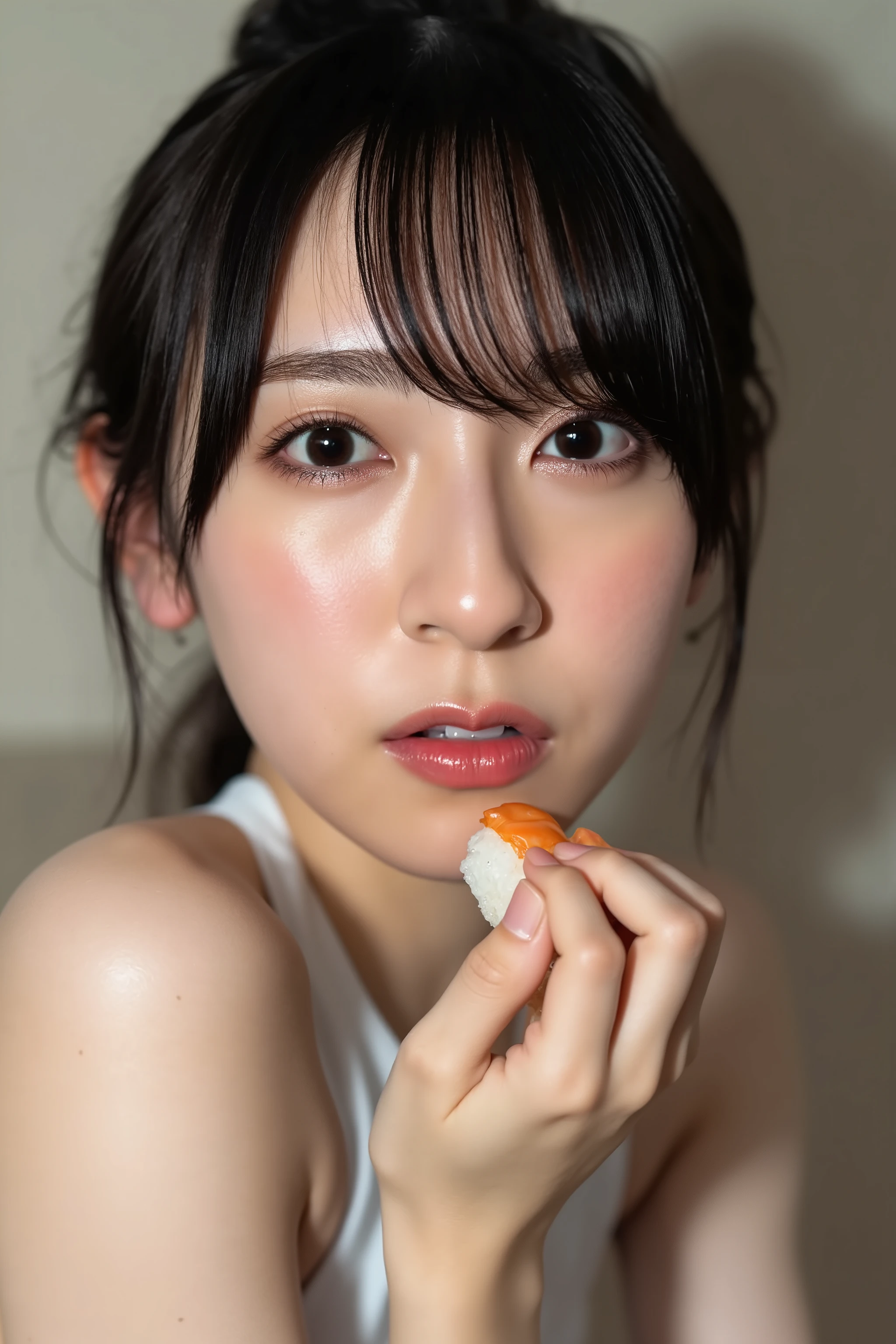 A high resolution photograph of a Japanese young woman in dress, photo-realistic, Intricate details, 8k, solo, 1girl, eating a sushi in hand, drooling, salvia, pale skin, fine-textured skin, detailed face, perfect hand, detailed hand, detailed fingers, indoors,