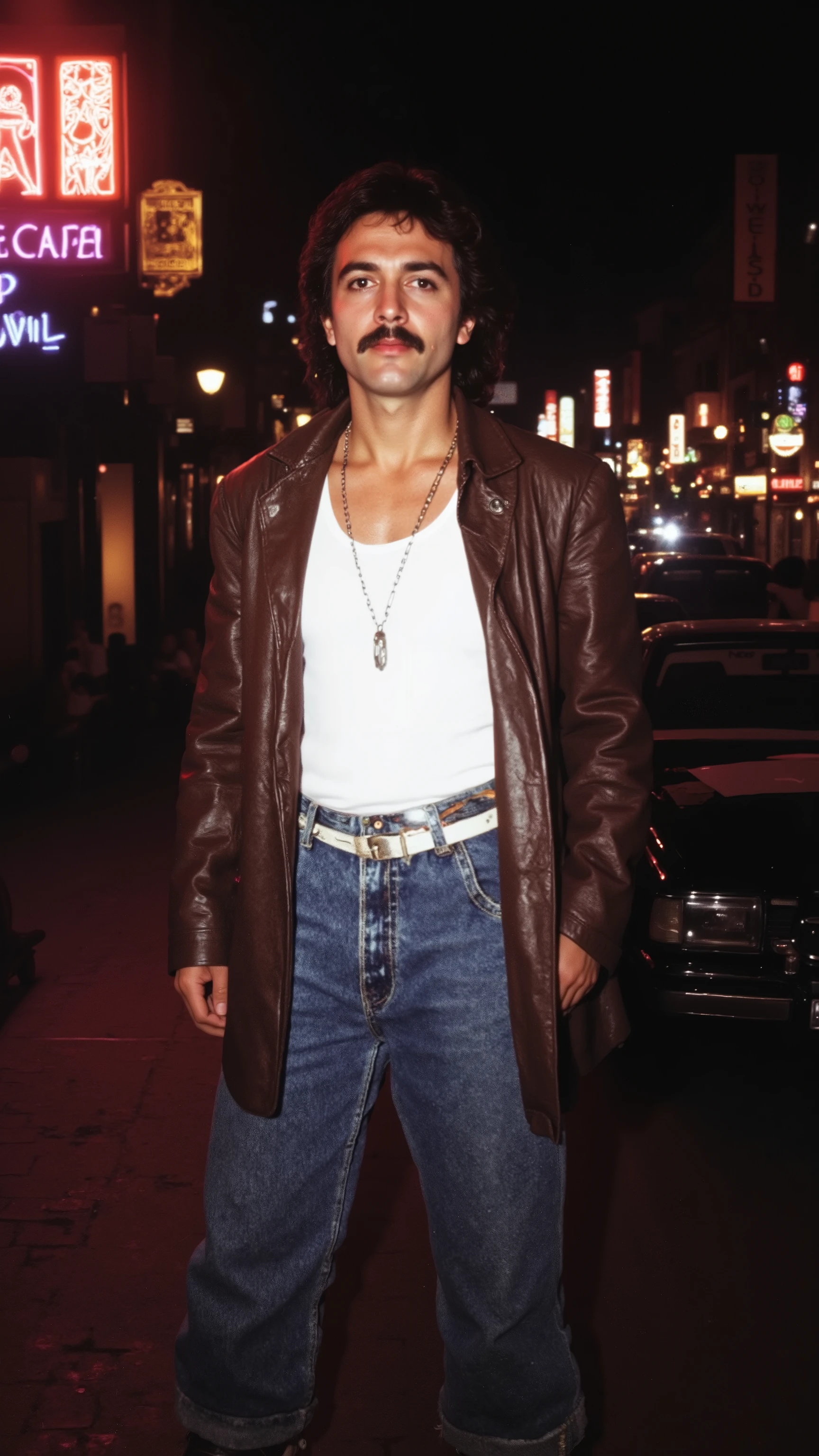 Turkey as a man in the 1980s, hot and handsome male, 1 male, thick, wavy jet-black hair with a slight curl at the ends, well-groomed mustache, deep brown almond-shaped eyes filled with quiet intensity, strong angular jawline with prominent cheekbones, warm olive-toned skin with a subtle five o’clock shadow, wearing a fitted dark brown leather jacket over a snug white tank top that highlights his toned physique, slightly distressed dark blue jeans held up by a thick black leather belt with a silver buckle, and rugged brown suede boots, accessorized with a thin silver chain necklace and a leather wristband, broad shoulders, alluring, shows his male character's full figure, athletic body, chiseled face, full body, extremely handsome, god-like, masculine shape, perfect anatomy, standing in a dimly lit 1980s Istanbul backstreet, neon signs from bustling cafés and nightclubs reflecting off the wet cobblestone pavement, a vintage black Mercedes parked beside him, his confident yet mysterious stance exuding raw masculinity and effortless charm, photorealistic, masterpiece, realistic, high contrast, 8k, HD, high definition detailed, detailed, hyper detailed, realistic skin texture, best quality, ultra high resolution, Nikon D850 film, Stock Photography, Kodak Portra 400 F1.6 camera, rich lens colors, hyper realistic, no text, very detailed eyes, cinematic