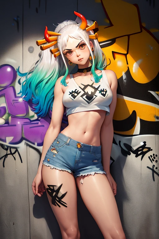 Kamisato Ayaka|Genshin Impact, Masterpiece, Best quality, 1Girls,25 years, proportional body, Outstretched legs, Beautiful, proportional., Crop top, Long Jeans, Medium breast, ,Just, Crop top, necklace, (Graffiti:1.5), Splash with purple lightning pattern., Arm behind the back, Against the walls, View viewers from front., Thigh belt, Head tilt, Monotonous,(NSTDA.:1.2), (10, Best quality, Masterpiece: 1.4), Beautiful red hair, Ultra precision, (vibrant, Realistic picture: 1.48), 20 years old, A nice girl, (Look through the Crop top.), Famous Japanese actors, عيون صافية Beautifulة, Head tilt, Cowboy shot, from front, Looking at the audience, Without expression, Beautiful lake, Zeiss 150mm F/ 2.8 Hasselblad, all the body, foot, Ultra wide angle,