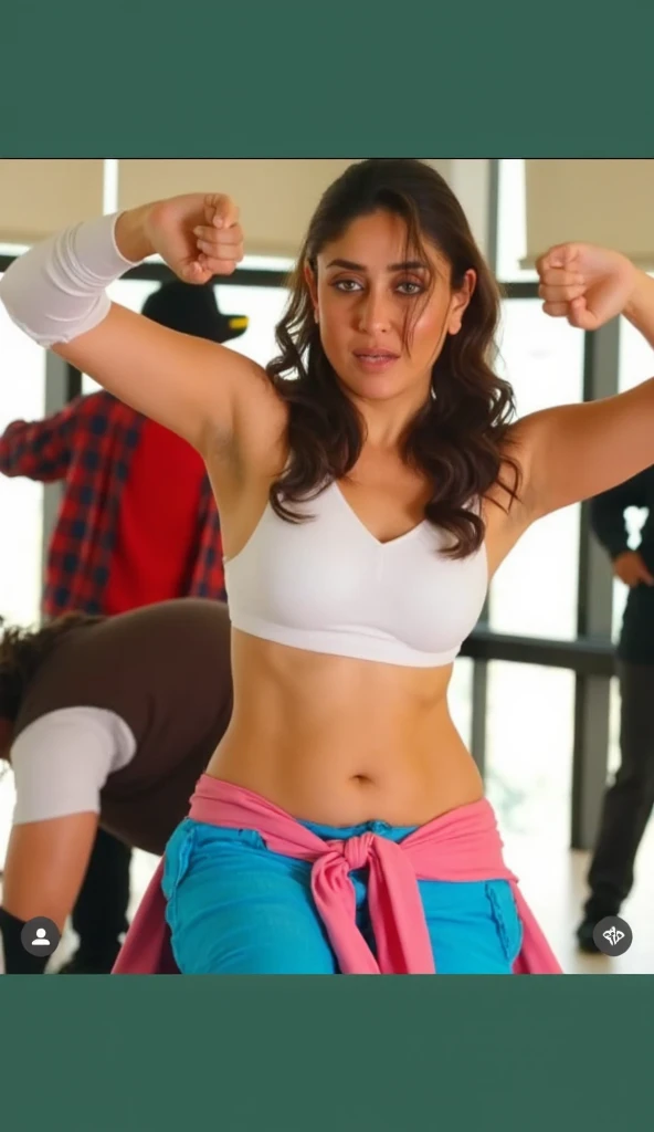 a very beautiful and sweaty 25 year old Arab naked girl, thick hairy armpits, muscular abs, raising her arms high while being carried and kissed by two young men