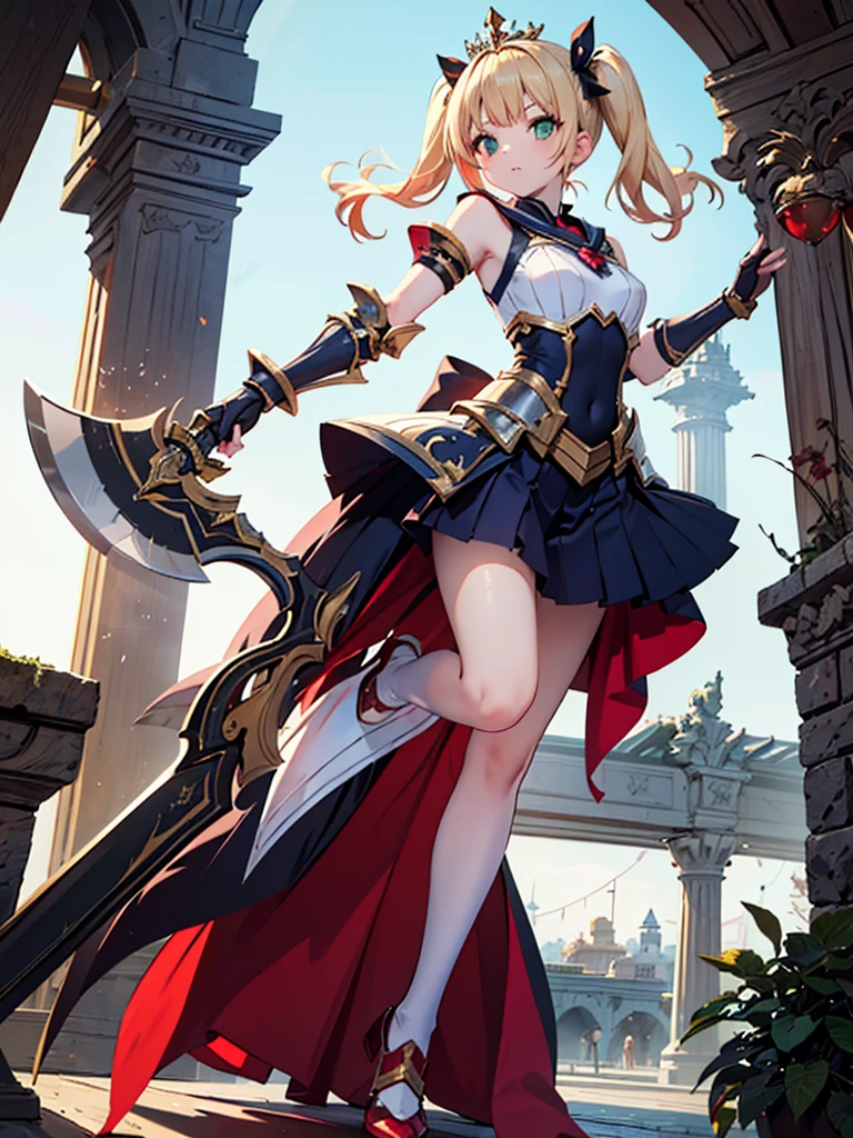 Masterpiece, Best quality, 1girl, solo, long-hair, thighhighs, breasts, striped, blonde-hair, flower, blue-eyes, rose, striped-thighhighs, full-body, dress, looking-at-viewer, blush, tiara, detached-sleeves, cleavage, big-breasts, holding, bare-shoulders, closed-mouth, black-footwear, white-dress, standing, red-rose, hand-on-hip, bow, bangs, very-long-hair, ahoge, red-flower, hair-between-eyes, gauntlets, halterneck, red-bow, frills, shoes, skirt, footwear-bow, armpits, flag, antenna-hair, criss-cross-halter, weapon, collarbone, clothing-cutout, crown, floral-print, headpiece, ((exposed navel)), short skirt, shield