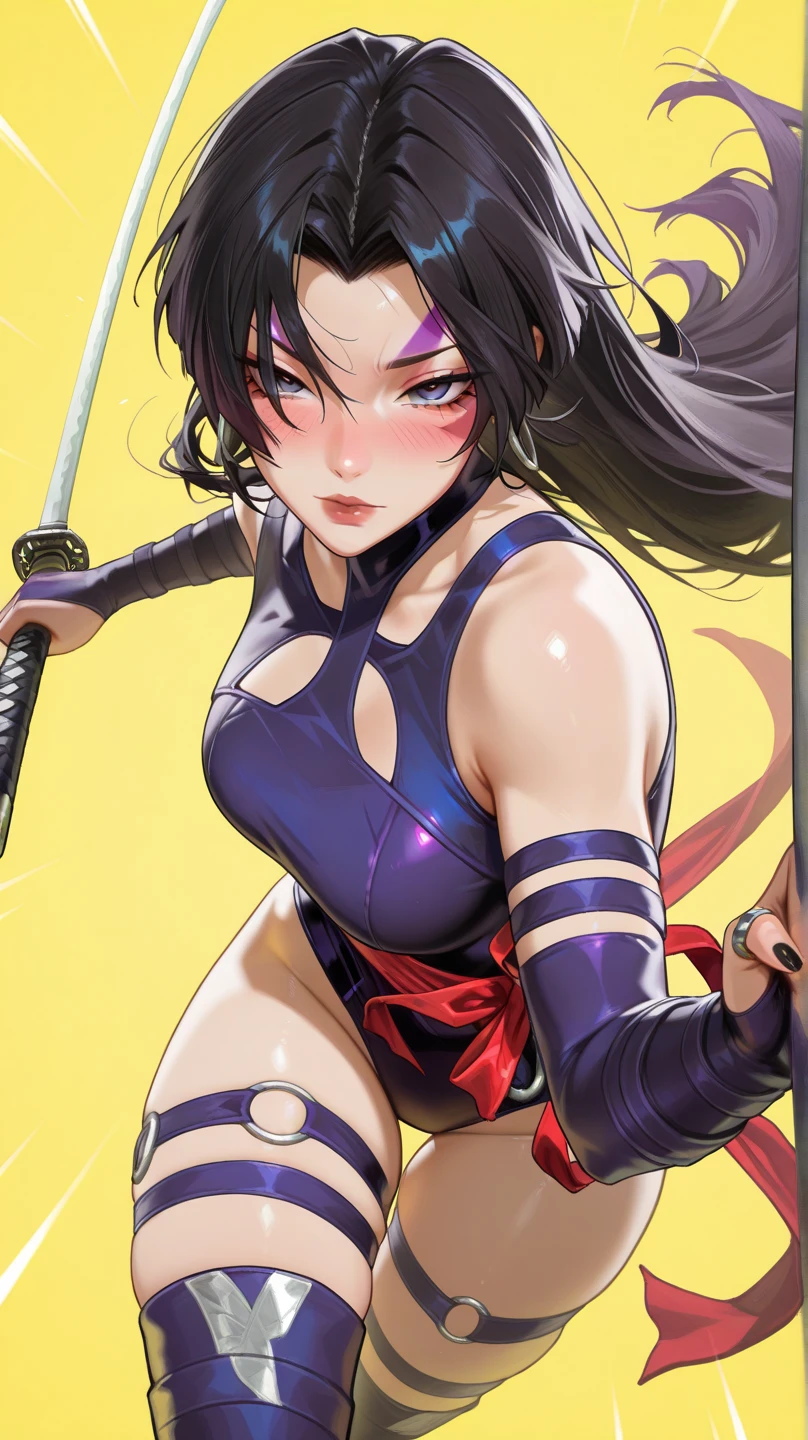 brown hair、Waist-length hair、Blue Eyes、Beautiful eyes、Delicate Eyes、Droopy eyes、Pink Lips、Purple Lateard、Female ninja、Fishnet tights、Black Gauntlet、Tabi shoes、Ninja sword