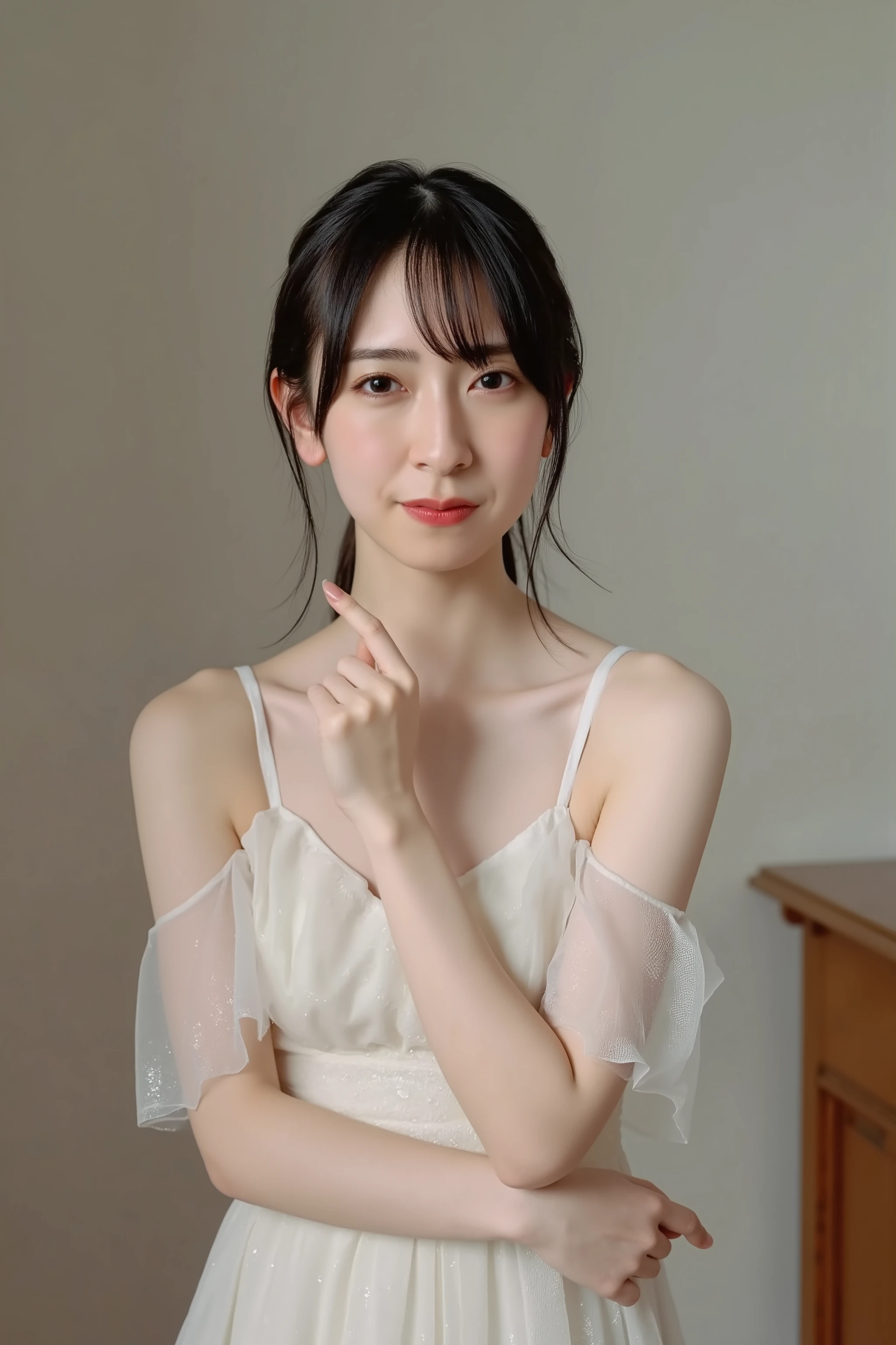 A high resolution photograph of a Japanese young woman in dress, photo-realistic, Intricate details, 8k, solo, 1girl, (insert own index finger into nostril:1.4), pale skin, fine-textured skin, detailed face, perfect hand, detailed hand, detailed fingers, indoors,