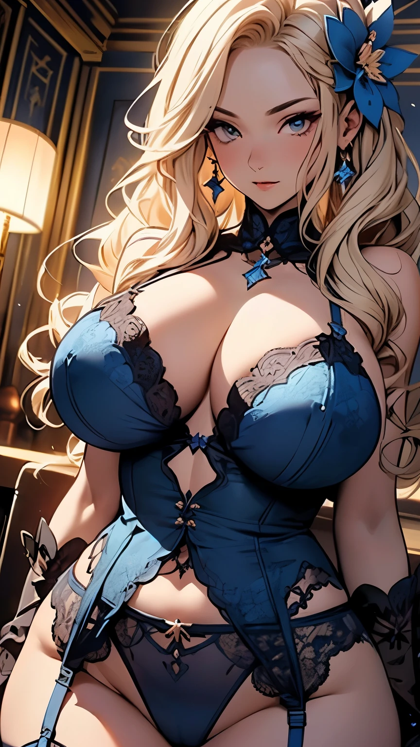 woman rubia in a corset printed with flowers, extremely detailed, voluptuous, giant breasts, big breasts, busty, Beautiful digital artwork, neckline, seductive. Very detailed, intricate wlop, Realistic fantasy illustrations, beautiful and seductive woman, long hair, body tattooed with flowers, stockings with garters, blue eyes,detailed eyes, detailed hands, detailed face,, elf
