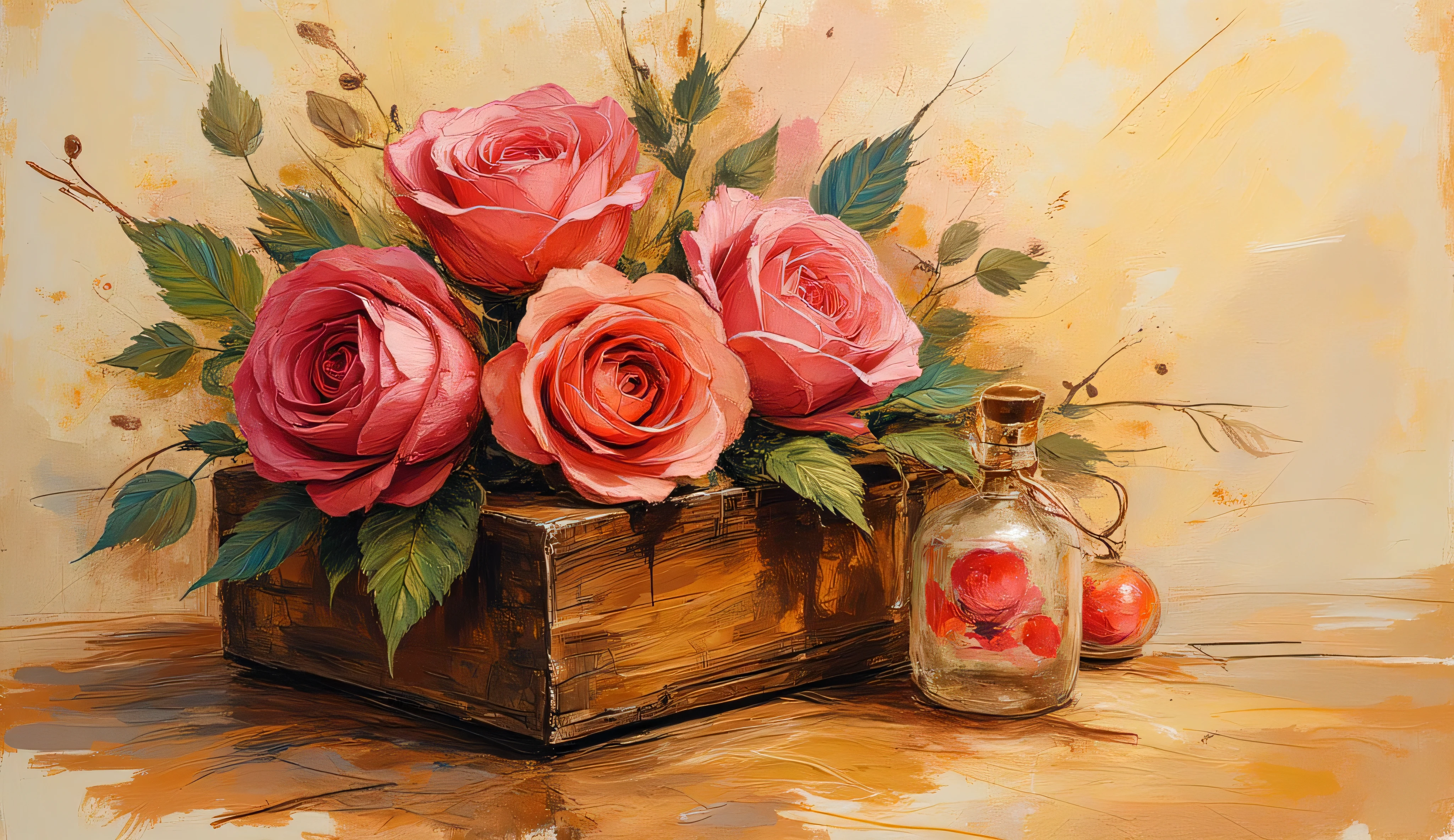 Expressive mixed media artwork blending photorealistic roses and chocolate box with Van Gogh's signature brushwork, dramatic ink splatter technique, soft cream and rich brown background, emotional texture revealing romantic symbolism