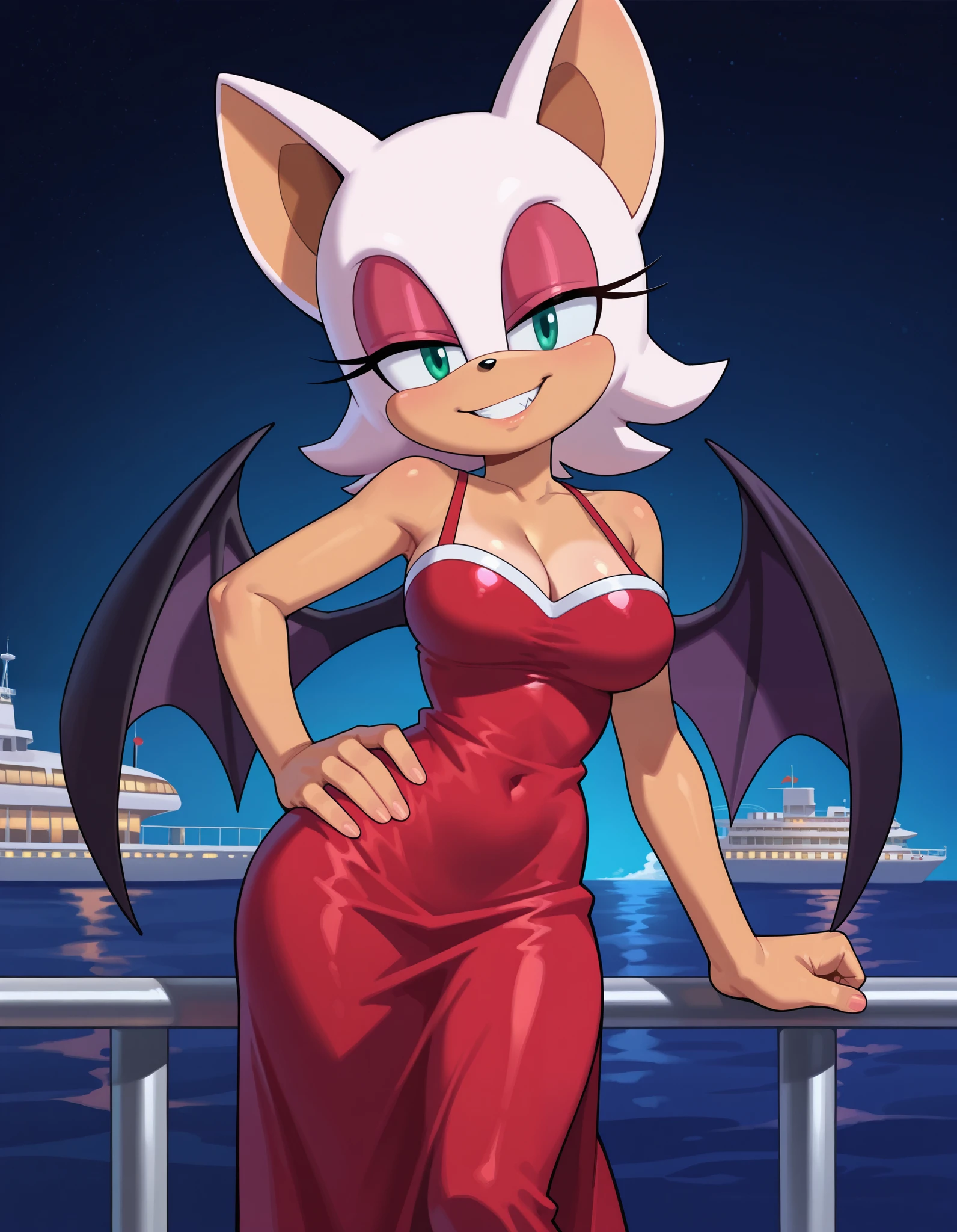 masterpiece, best quality, amazing quality, very aesthetic, absurdres, source furry, Rouge the bat, ((short body)), half closed eyes, cyan eyes, seductive look, outdoors, cruise ship, dark background, looking at viewer, grin, Amy rose cosplay, short red dress, medium breasts, deep cleavage, standing, pose, standing, one hand on hip, head tilt