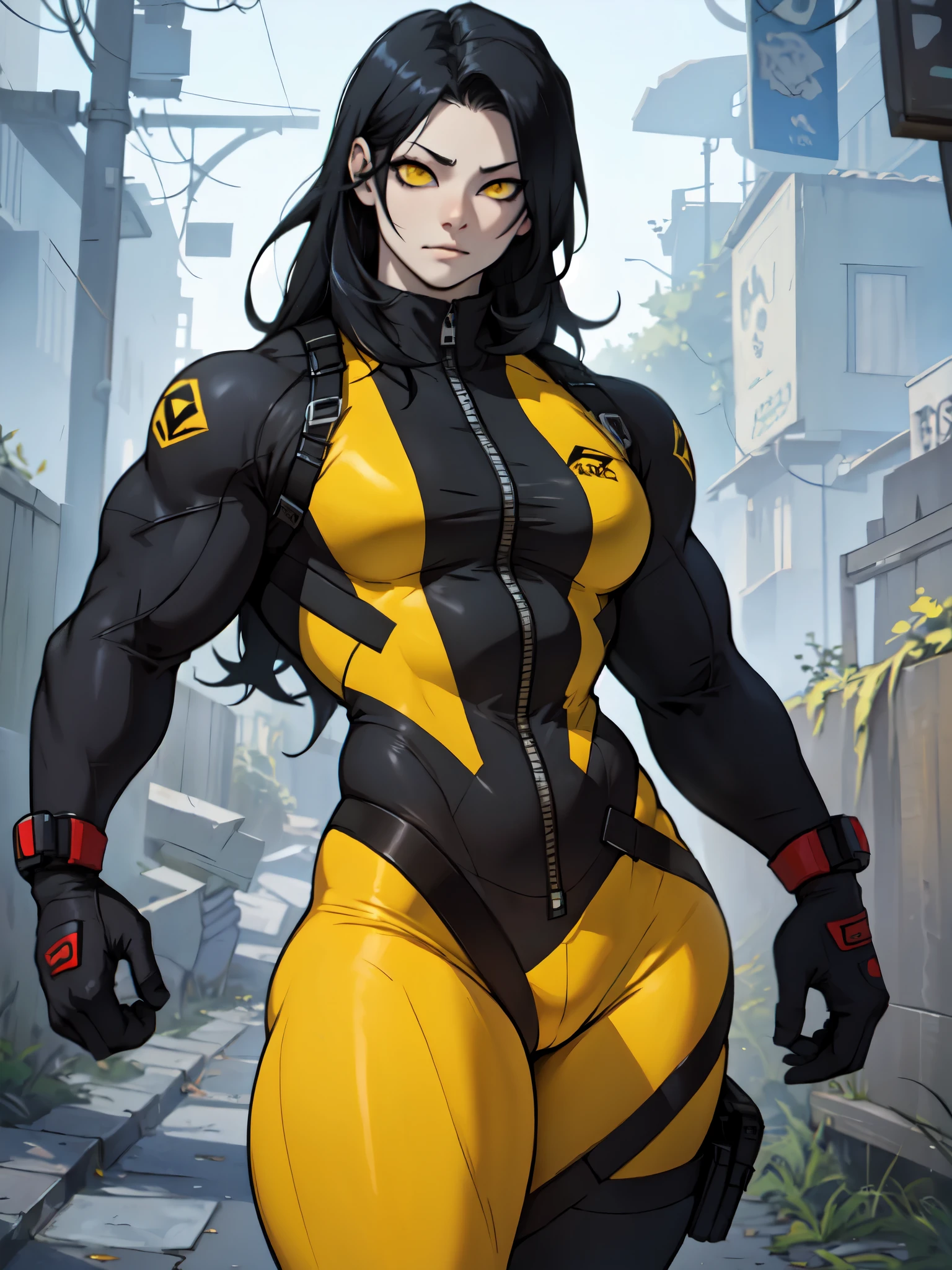 girl muscles large breasts pale skin black hair yellow eyes skintight sad
