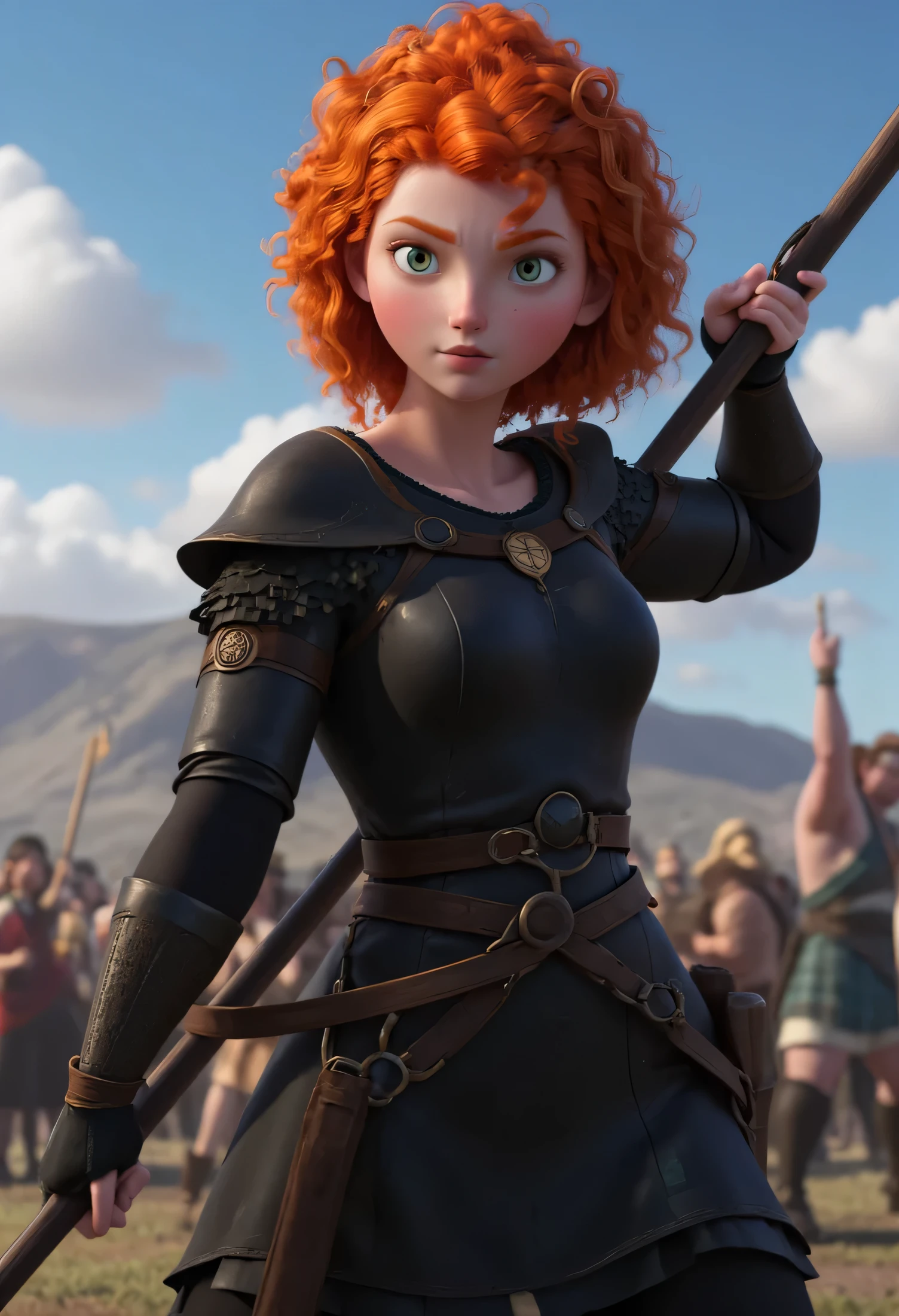 Girl, red hair, black armor,long spear,Glowing eyes ,curly orange colour long hair,High Ponytail,detail eye,blue sky,in battel,portrait,