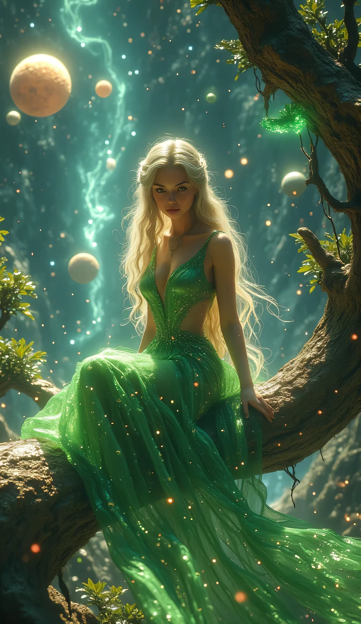 The goddess sits on a crook planets are flying around her. She is dressed in a crystal green purple glowing transparent dress she is near the divine ruins the goddess has blond hair freckles under her eyes she has a very well-drawn 8k dress