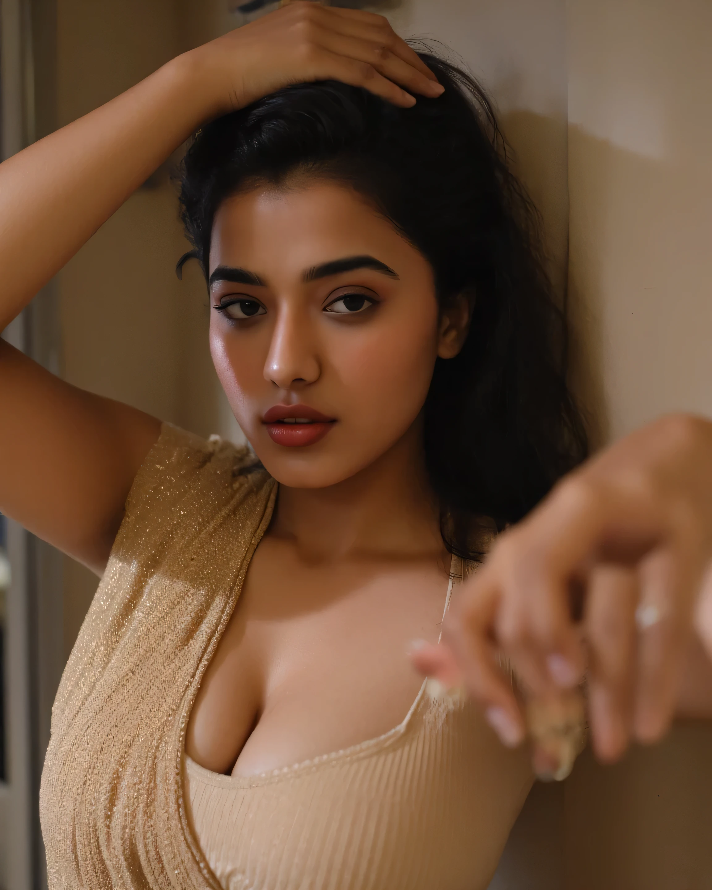 photo of indian girl having facial expression and cleavage and look wide angle photo