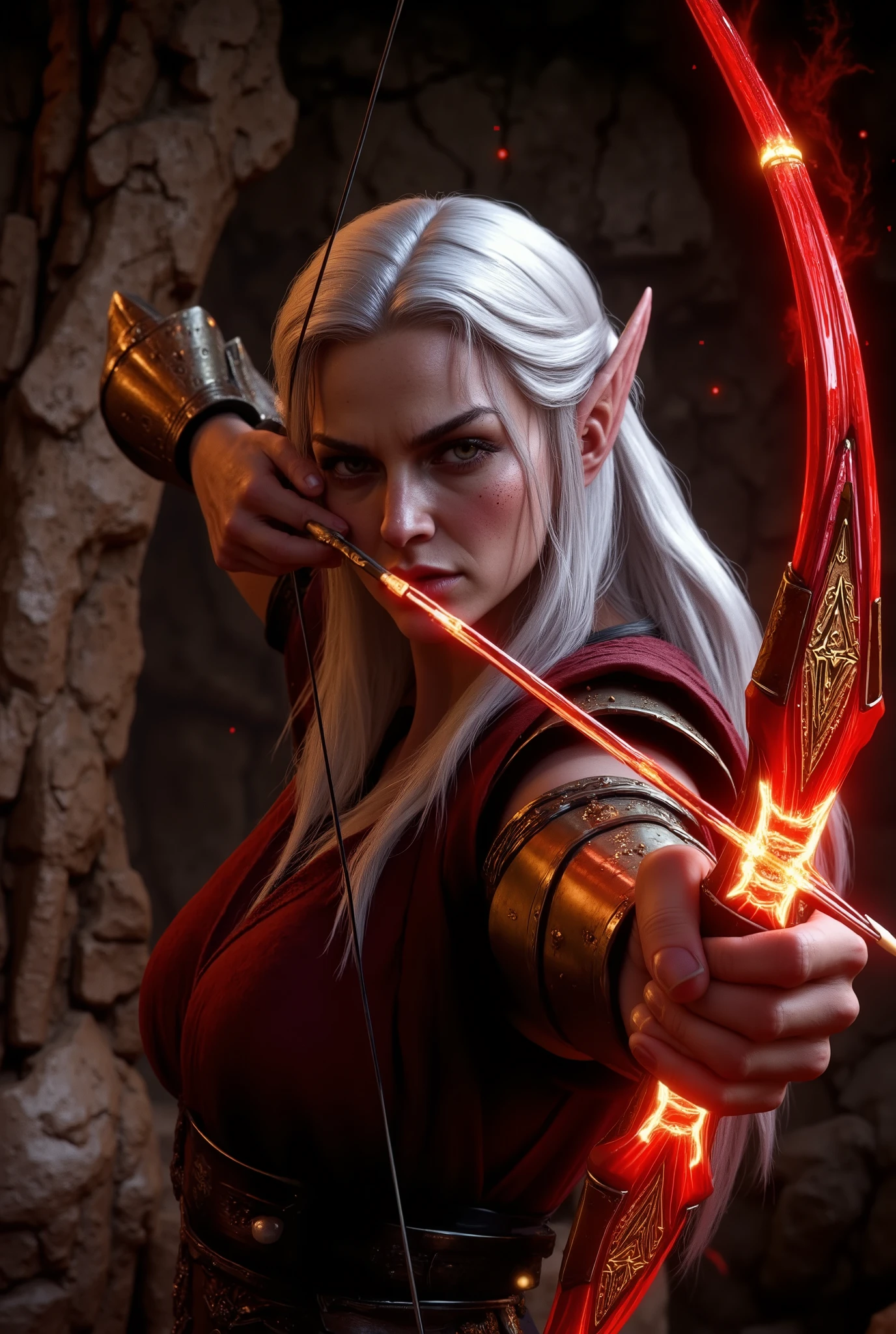 HD 32k epic fantasy movie still, closeup portrait, photograph, archery, white hair, a beautiful elf woman aiming a bow and arrow, the bow weapon is glowing with red magic and glowing gold runes, dark cave background, cinematic realism, high action pose, perfect pupils, insanely detailed faces, correct digits, realistic skin, intricately detailed, dimly lit, perfect eyes, perfect pupils, expressive eyes, texture, mad-arcnsmbls, mythp0rt, aidmaMJ6.1