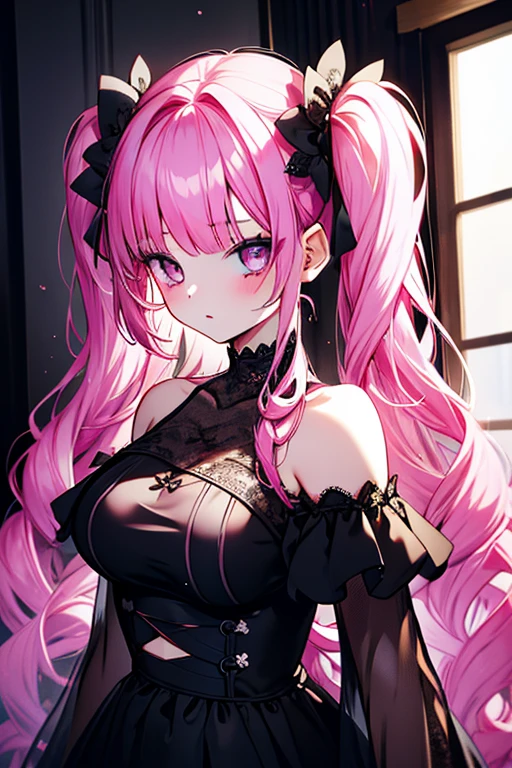 massive , big ass, juicy lips, big lips, massive lashes, long pink hair, twin tails, hair down, black horns, gothic clothes, fangs, smile, red eyes