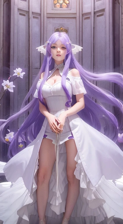 8K, Surreal, masterpiece, best quality, Very detailed, high resolution, Random Background, 1 girl, (:1.5), Yao Liuer, White Dress,translucent,whole body,High heel白色透明婚纱,High heel,whole body,Purple Hair,Light mines