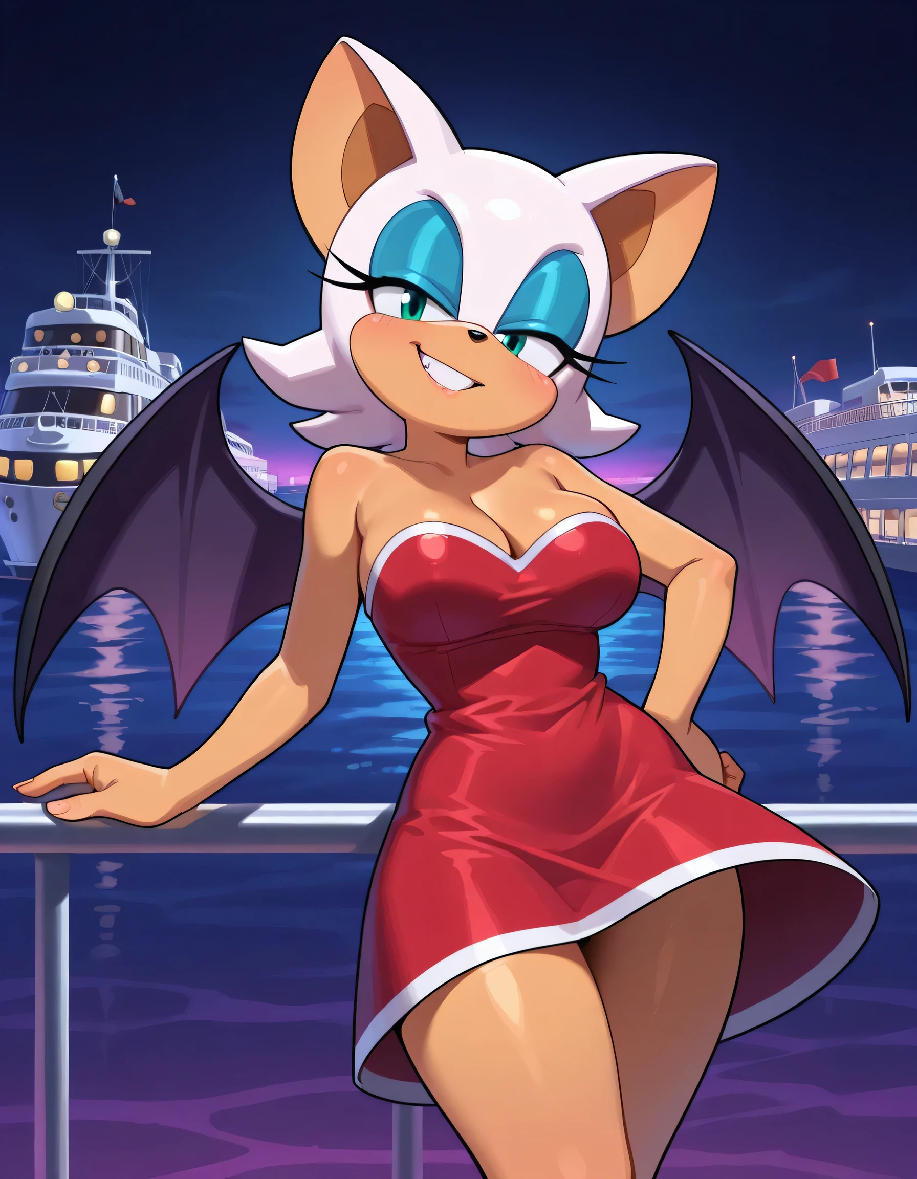 masterpiece, best quality, amazing quality, very aesthetic, absurdres, source furry, ((Rouge the bat)), ((short body)), half closed eyes, cyan eyes, blue eye makeup, seductive look, outdoors, cruise ship, dark background, looking at viewer, grin, Amy rose cosplay, (short red dress), thighs, medium breasts, deep cleavage, standing, pose, standing, one hand on hip, head tilt