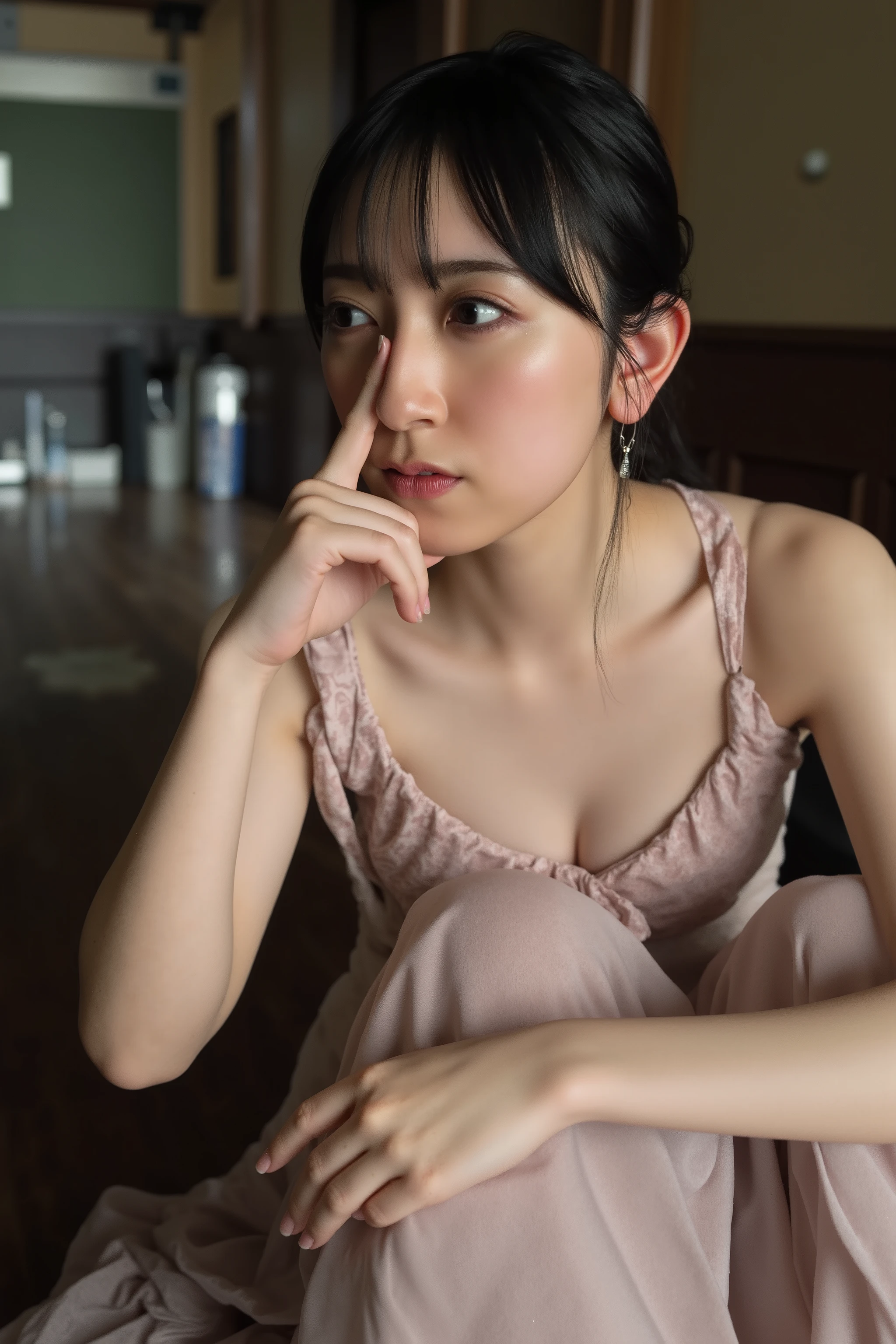 A high resolution photograph of a Japanese young woman in dress, photo-realistic, Intricate details, 8k, solo, 1girl, (index finger inserts into own nostril:1.4), pale skin, fine-textured skin, detailed face, perfect hand, detailed hand, detailed fingers, indoors,