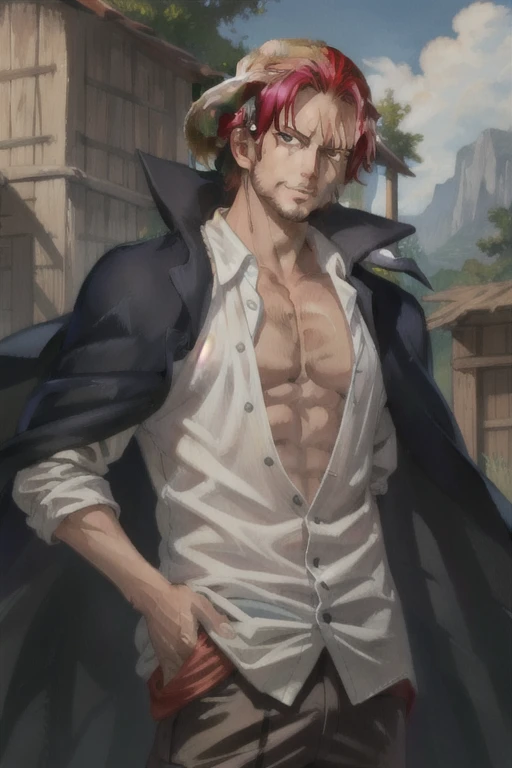 (masterpiece, best quality), intricate details, 1boy, man, red hair, straw hat, Shnks, shanks \(one piece\), scar on face, short hair, shirt, white shirt, male focus, streetstyle pose, open clothes, collared shirt, pants, cape, coat, open shirt, facial hair, scar, sandals, pectorals, partially unbuttoned, pectoral cleavage, coat on shoulders, nature, scenery, upper body, straw hat,